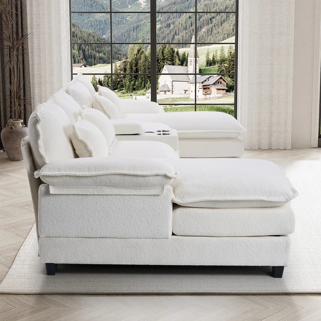133" U Shaped Cloud Couch Modular Sectional Couches for Living Room Fluffy Chenille Deep Seat Sofa Set with Double Chaise Lounge, Storage Central Console, Cup Holders, USB Port, Beige White