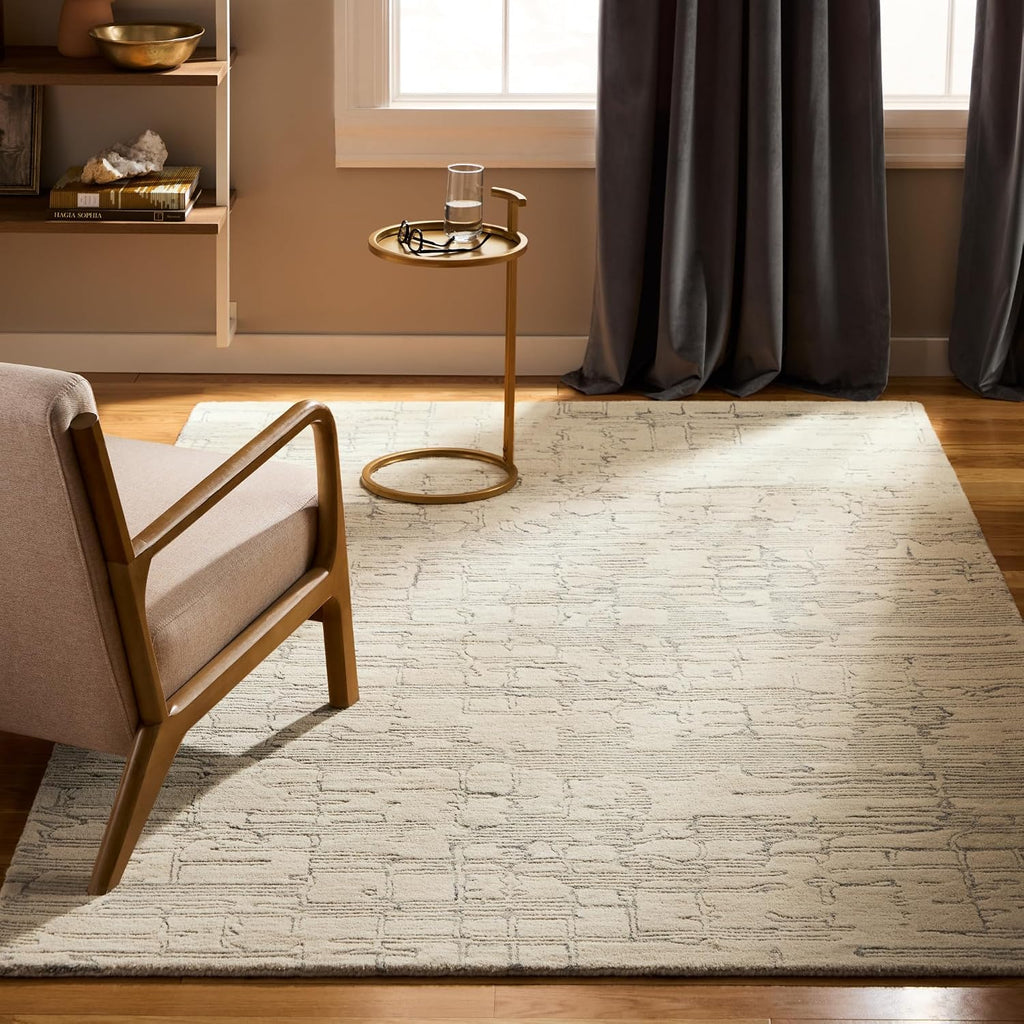 Beige and blue abstract wool area rug