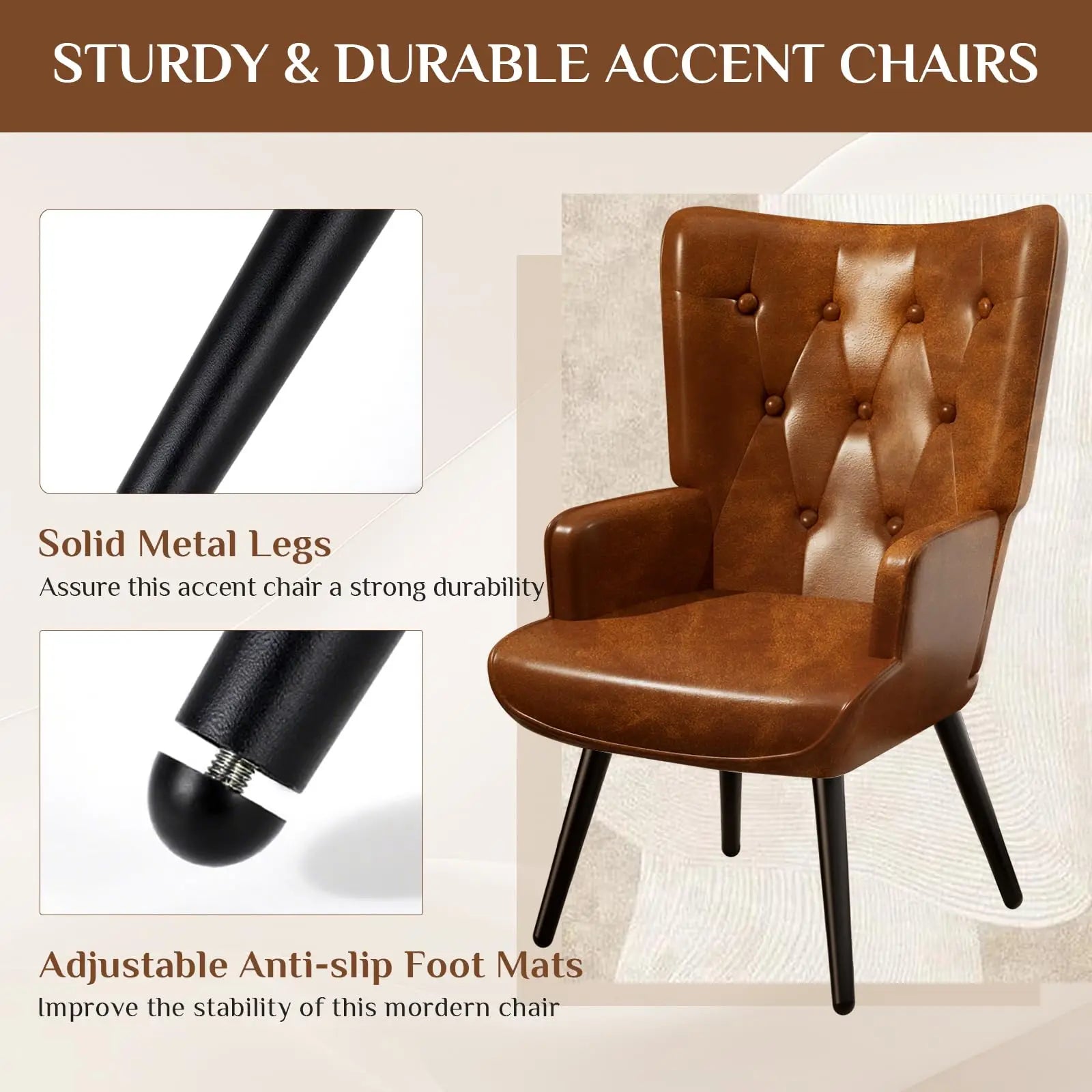Accent Chair Upholstered PU Leather Living Room Chairs High Back Armchair, Comfy Wingback Chair for Bedroom, Reception Room