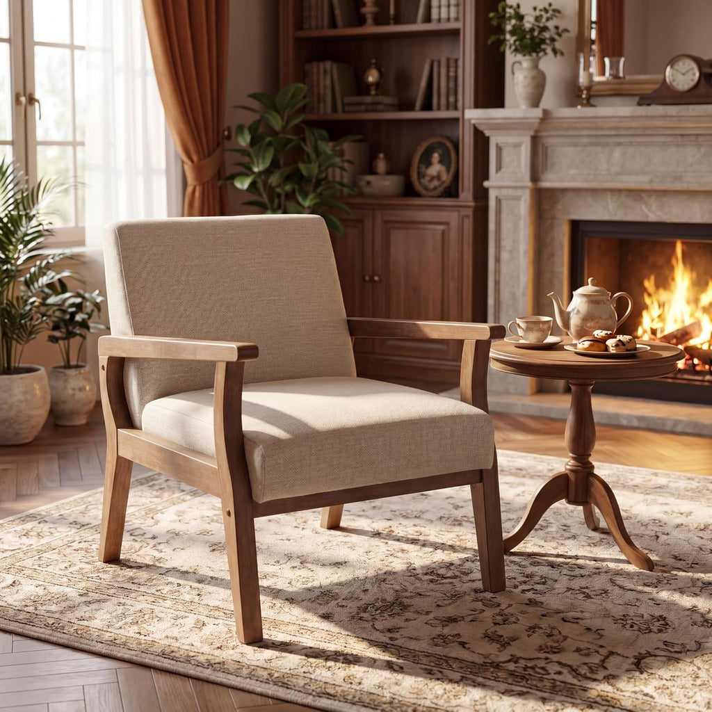 Mid Century Modern Accent Chair Beige Linen Armchair | Solid Wood Frame, Side Chairs for Living Room, Bedroom, Upholstered Sitting Chair, Comfortable Chair