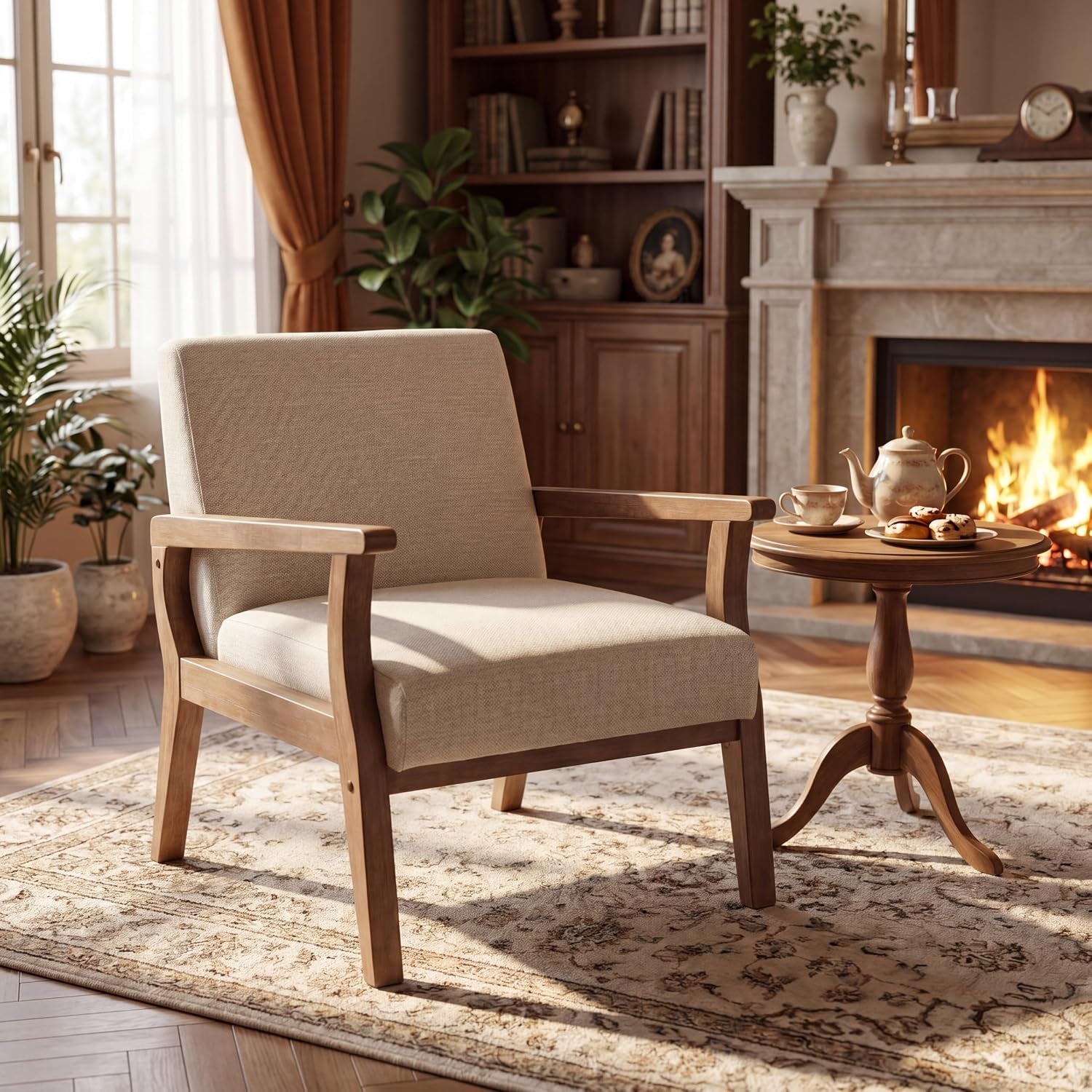 Mid Century Modern Accent Chair Beige Linen Armchair | Solid Wood Frame, Side Chairs for Living Room, Bedroom, Upholstered Sitting Chair, Comfortable Chair