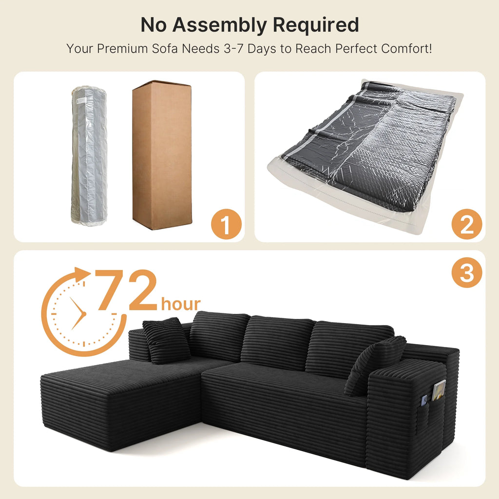 Sofa,  105" L-Shaped Sectional Couch for Living Room, High-Resilience Foam & Premium Corduroy Fabric, Free Assembly, Black
