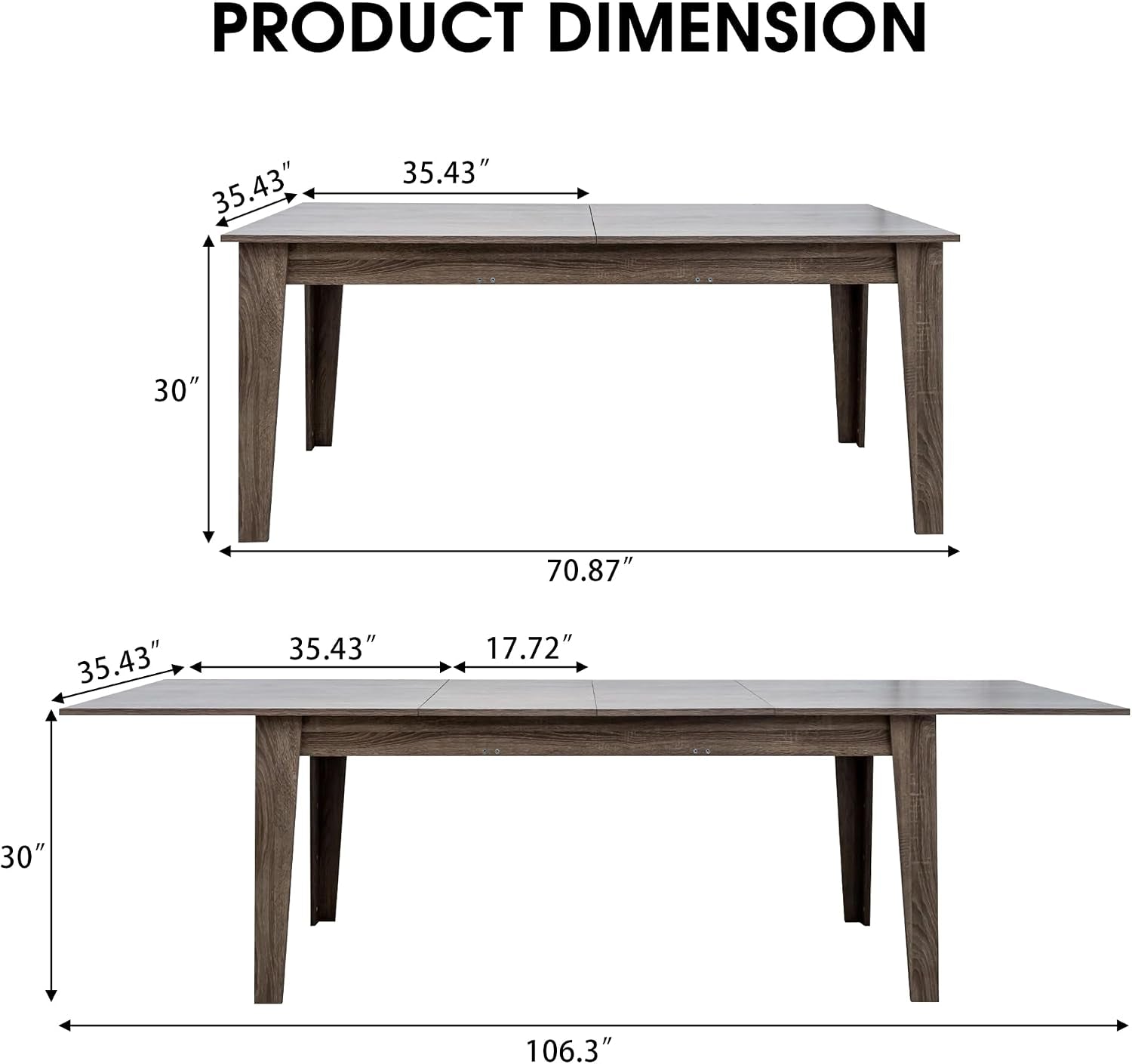 71''- 106'' Extendable Dining Room Table, Expandable Dining Table, Modern Large Table, for 6-10 Person, Dark Oak