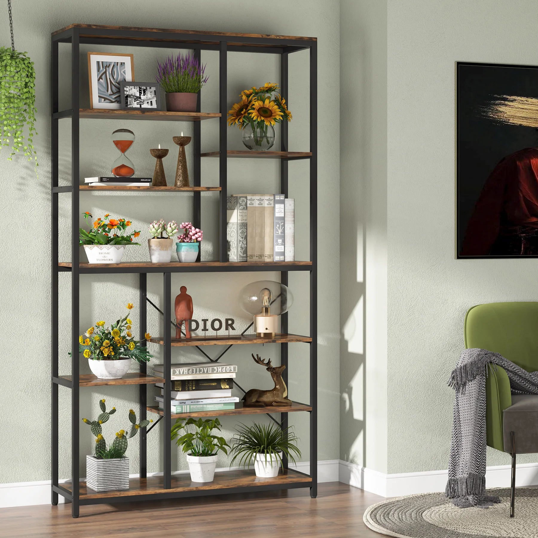 79 Inches Bookcase with Open Shelves, 9-Tier Industrial Bookshelf, 10 Cubes Etagere Storage Shelves Display Shelf