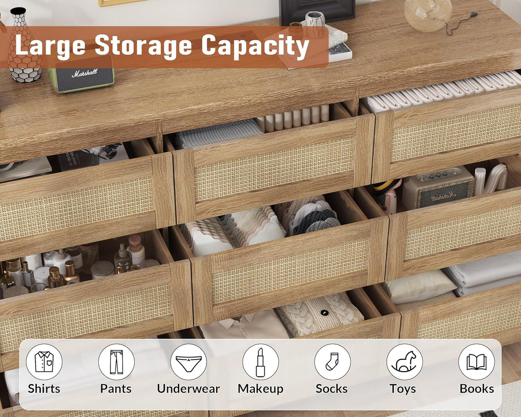 Dresser for Bedroom, Rattan 9 Drawer Dresser for Closet, Double Wood Dressers & Chest of Drawers for Nightstands, TV Stands, Living Room, Entryway, Hallway, Cloakroom