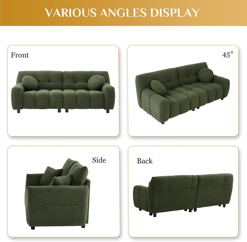 72.8" Cloud Couch Sherpa Modern Loveseat Comfy Boucle Sofa, Green | Boucle Sofa Modern Cloud Couch Comfy Loveseat, Deep Seat Sherpa Tufted Couches for Living Room, Office, Bedroom