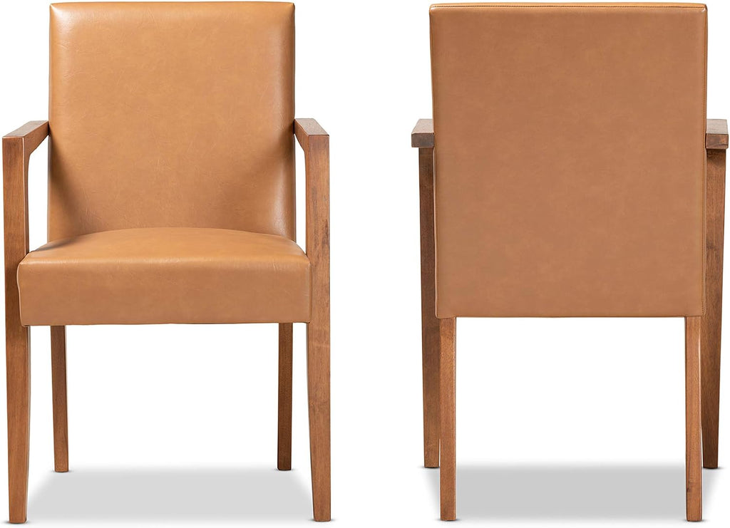 Andrea Mid-Century Modern Tan Faux Leather Upholstered and Walnut Brown Finished Wood 2-Piece Armchair Set
