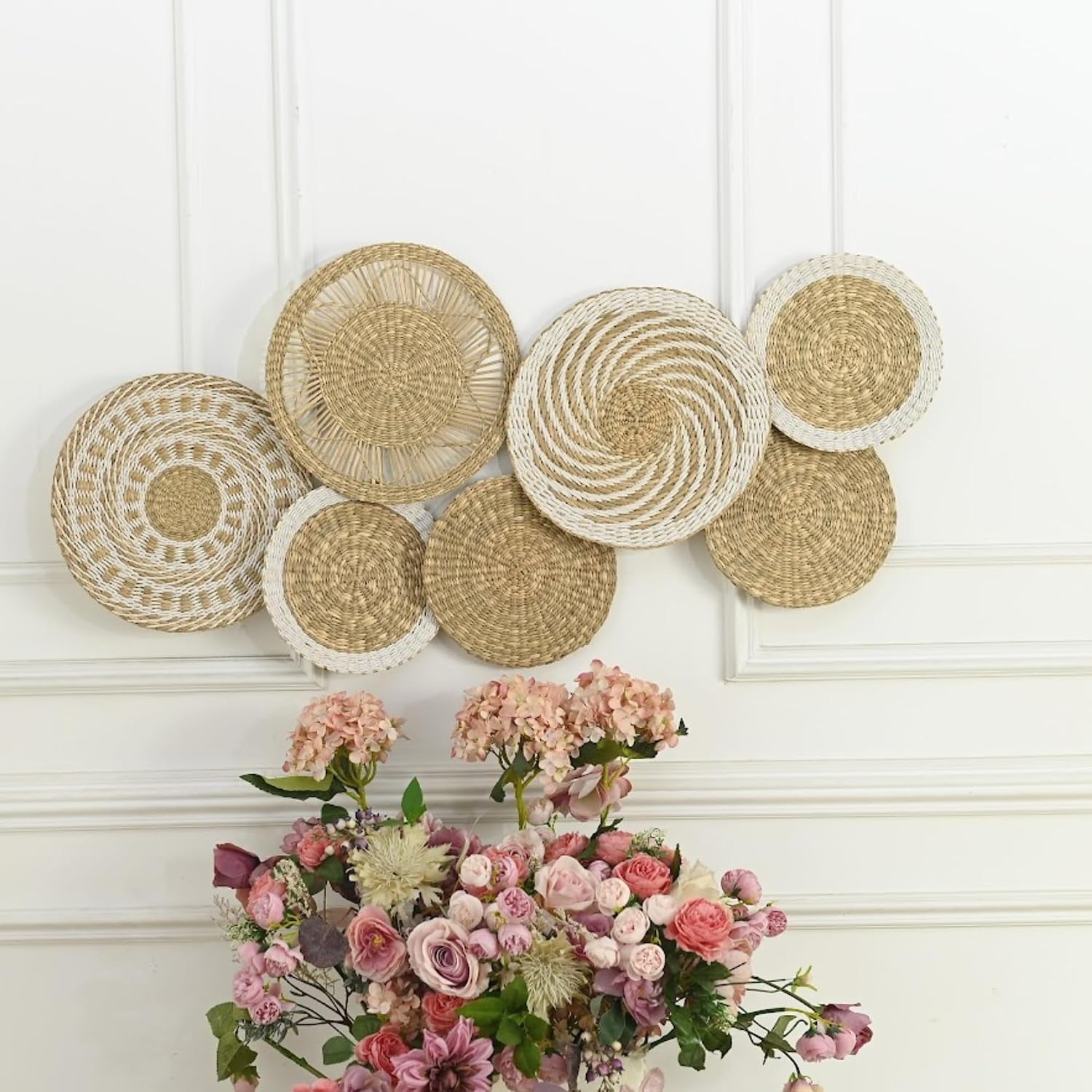Wicker Wall Decor Set, Seagrass Woven Plates, Medium, Farmhouse | Natural Seagrass Plates That Are Flat and Light Enough for a Living Room or Bedroom Feature