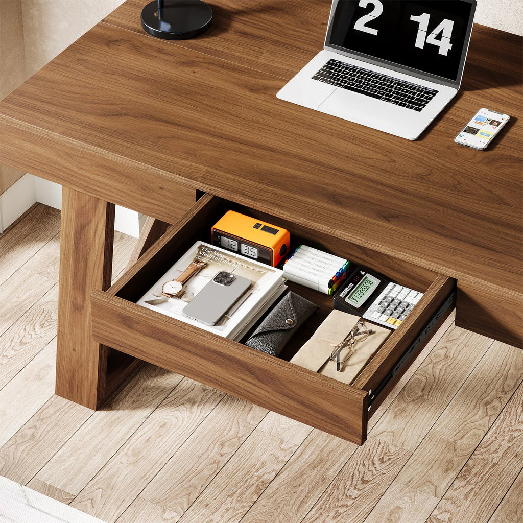 55 Inch Walnut Computer Desk with Drawer, Mid-Century Farmhouse Executive Desk, Rustic Wide Desktop Home Office Desk for Workstation