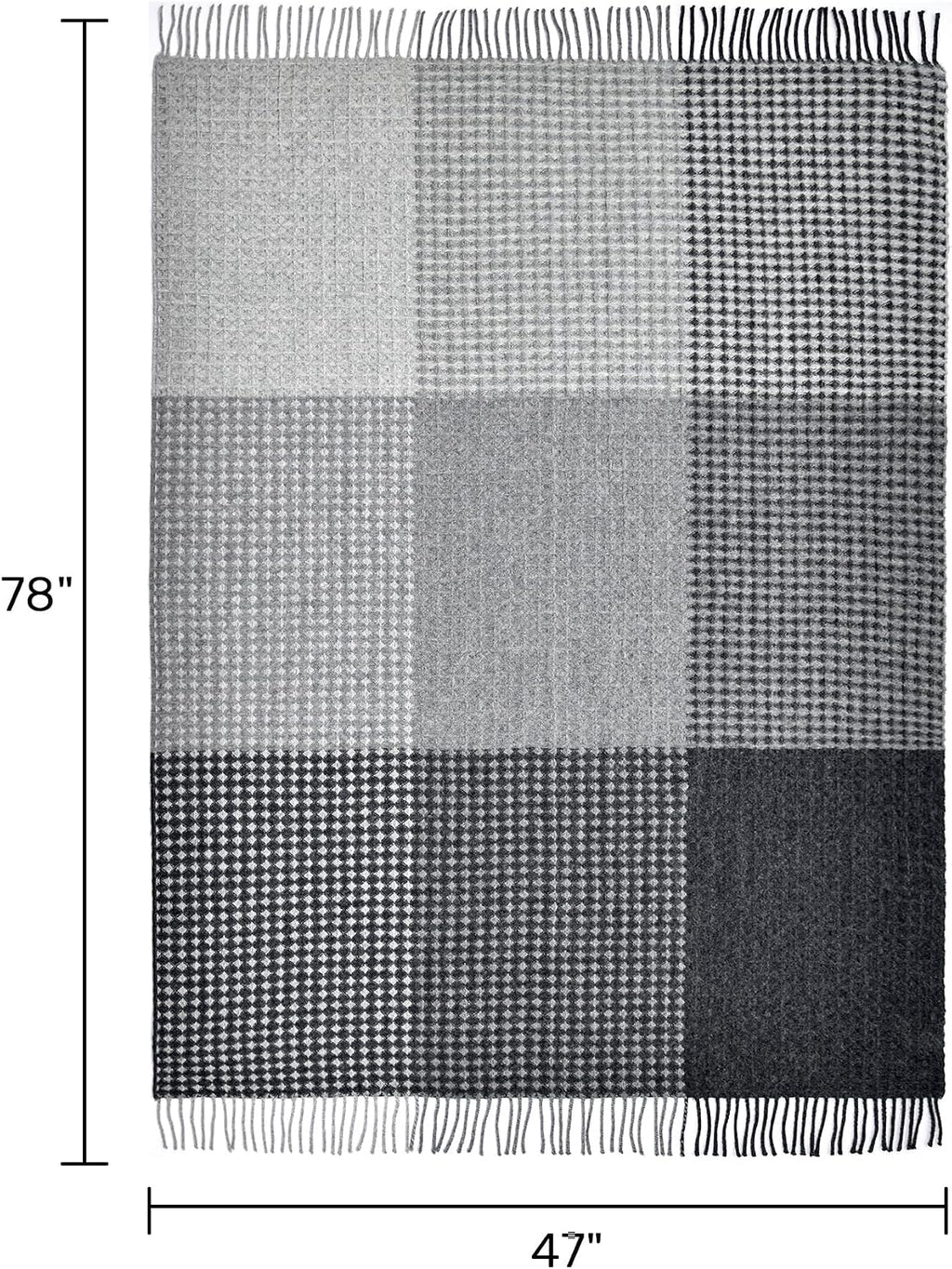 100% Wool Throw Blanket 78 X 47 Inches for Couch Sofa, Reversible Diamond Check Plaid Pattern with Fringe Soft Breathable Cozy Wool Blanket for Living Room and Bed Gray Black Multicolor