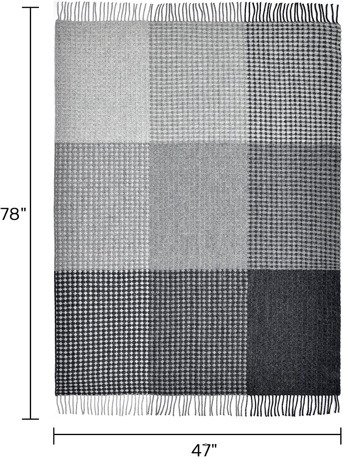 100% Wool Throw Blanket 78 X 47 Inches for Couch Sofa, Reversible Diamond Check Plaid Pattern with Fringe Soft Breathable Cozy Wool Blanket for Living Room and Bed Gray Black Multicolor