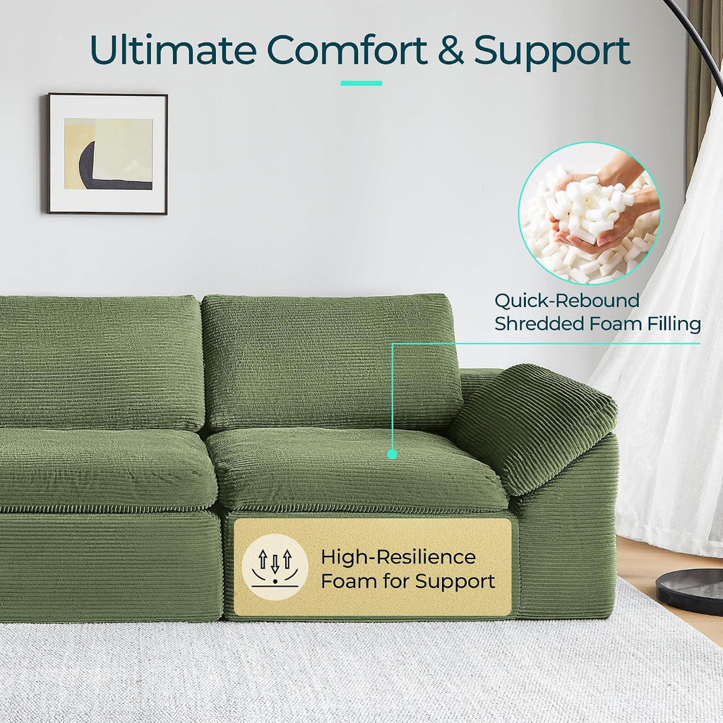 109" Modular Couch Modern Boneless Cloud Couch, U Shaped Sofa with Movable Ottomans, Deep Seat Corduroy Sectional Couches for Living Room, Apartment, No Assembly Required, Green