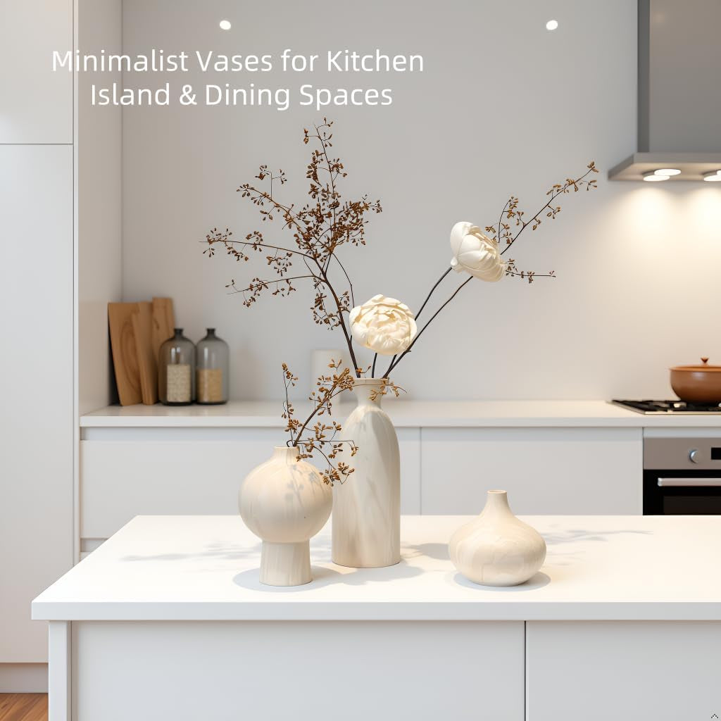 White Ceramic Vase Set of 3, Modern Organic Home Decor | Aged-Stone Texture, Sculptural Silhouettes, Effortless Neutral Styling, Display Together or Separately on Shelves and Mantels