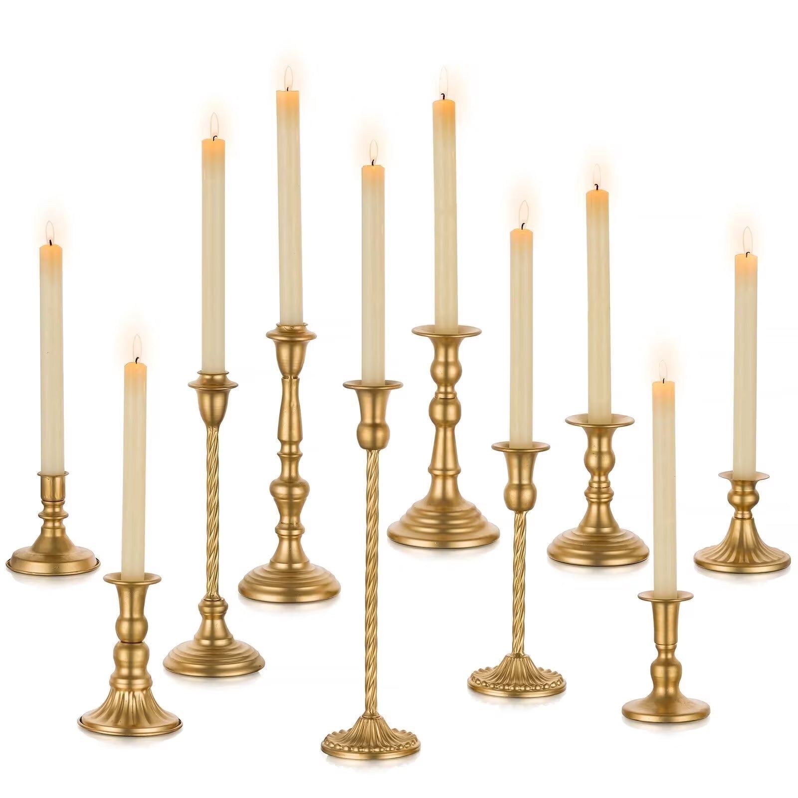 Set of 10 Gold Candlestick Holders, Tall Metal Taper Candle Holder for Candlestick Dinning Table Centerpiece Mantel Decoration