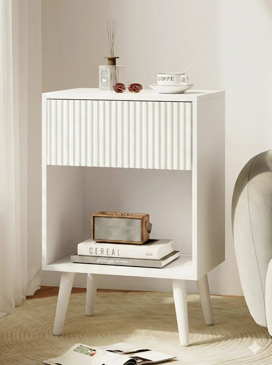 Aesthetic Fluted Nightstand Modern Bedside Table with Wood Drawer & Open Shelf | Mid-Century Room Decor