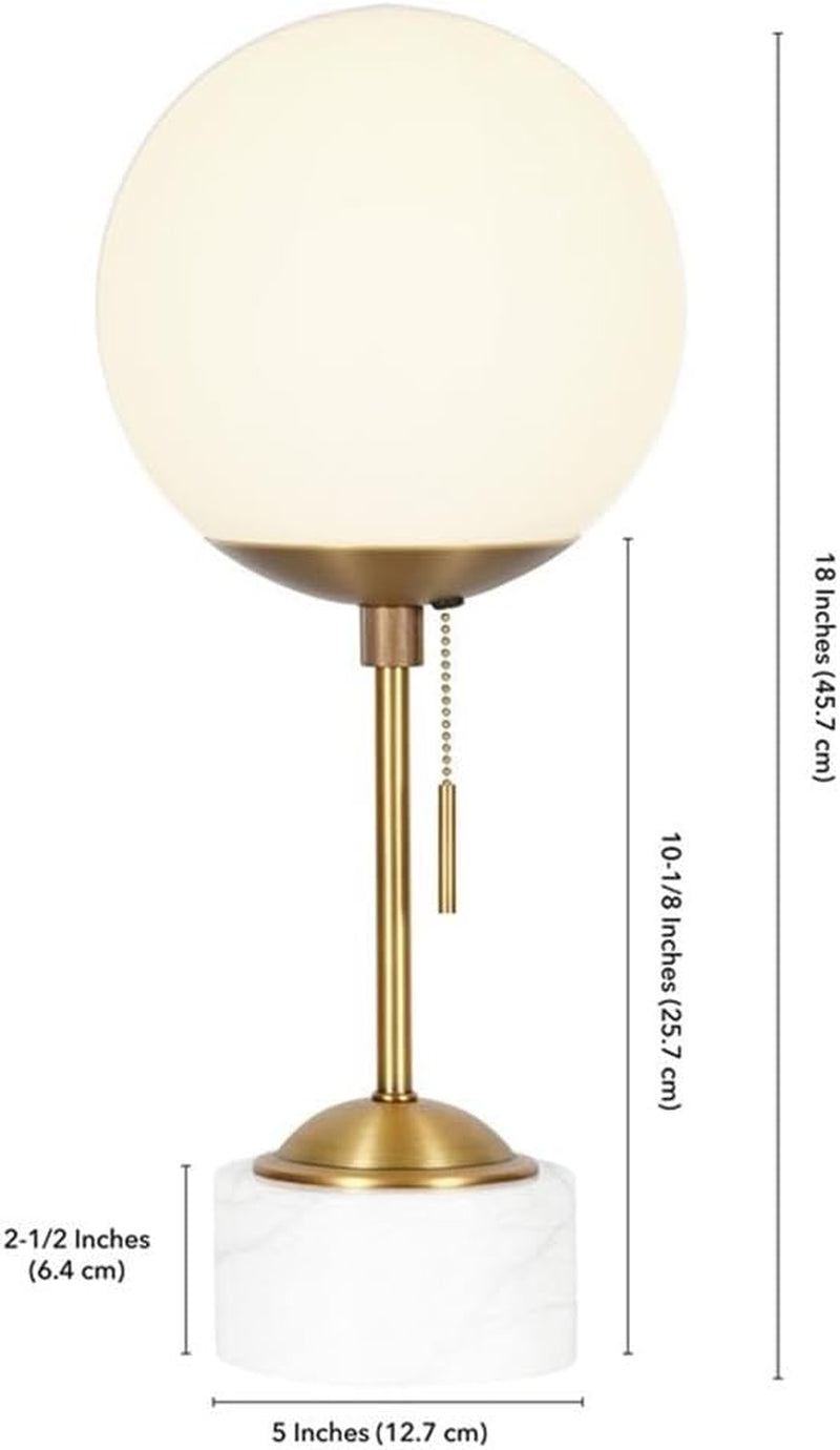 Reagan 17.75" Tall Table Lamp with Glass Shade in Brass/ White Marble/White Milk | Art Deco-Inspired Globe Lamp with a Stone Base and Gold Stem, Offering Ambient Light for Living Rooms, Bedrooms, or Offices