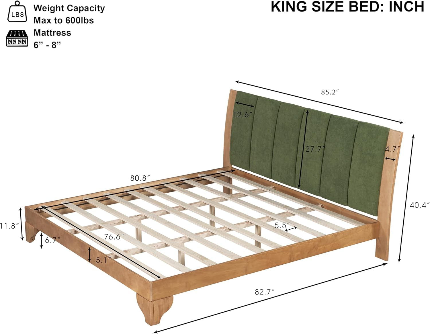 King Size Pine Wood Bed Frame with Headboard, Mid Century Modern Solid Wood Platform Bed Frame King, No Box Spring Needed, Green+Natural