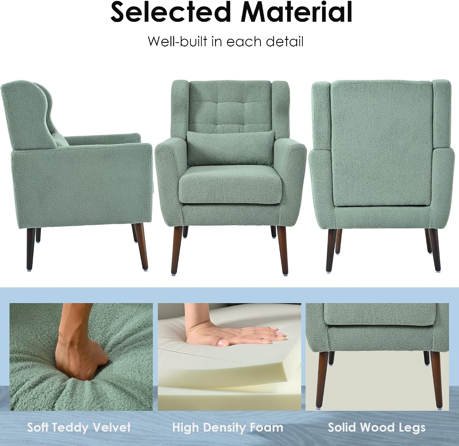 Modern Accent Chair Teddy Fabric Armchair with Pillow, Solid Wood Legs & High-Density Foam Filled, Soft Padded Lounge Chair Mid Century Reading Chair for Living Room, Bedroom, Light Green