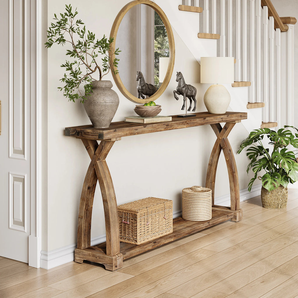 Solid Wood Console Table for Entryway, 63-Inch Narrow Farmhouse Couch Table behind Sofa with 2-Tier Storage for Entrance, Foyer, Living Room, Long, Rustic Brown