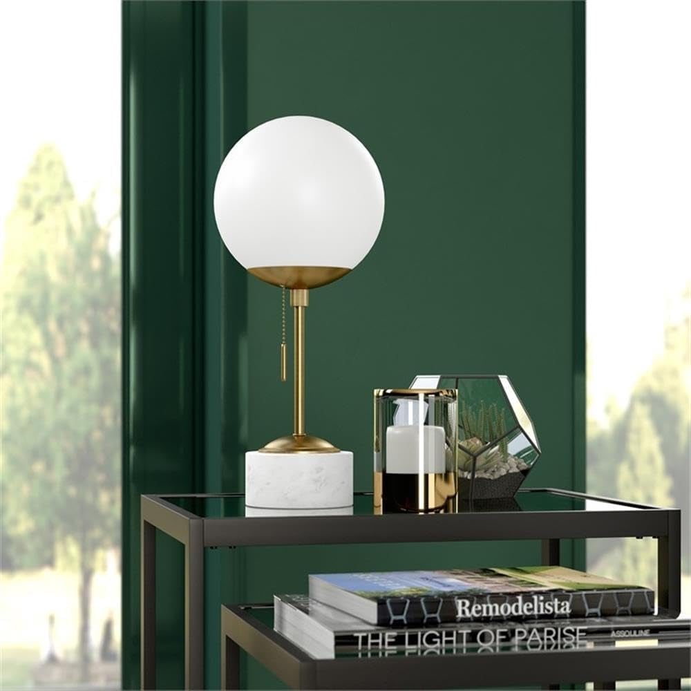 Reagan 17.75" Tall Table Lamp with Glass Shade in Brass/ White Marble/White Milk | Art Deco-Inspired Globe Lamp with a Stone Base and Gold Stem, Offering Ambient Light for Living Rooms, Bedrooms, or Offices