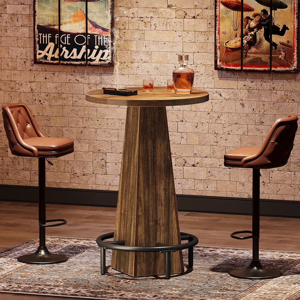 round Bar Table, 37.4" High Pub Table with Metal Footrest, Drink Bar Station for Small Bars, Dining Room, Kitchen, Brown (Only Table)