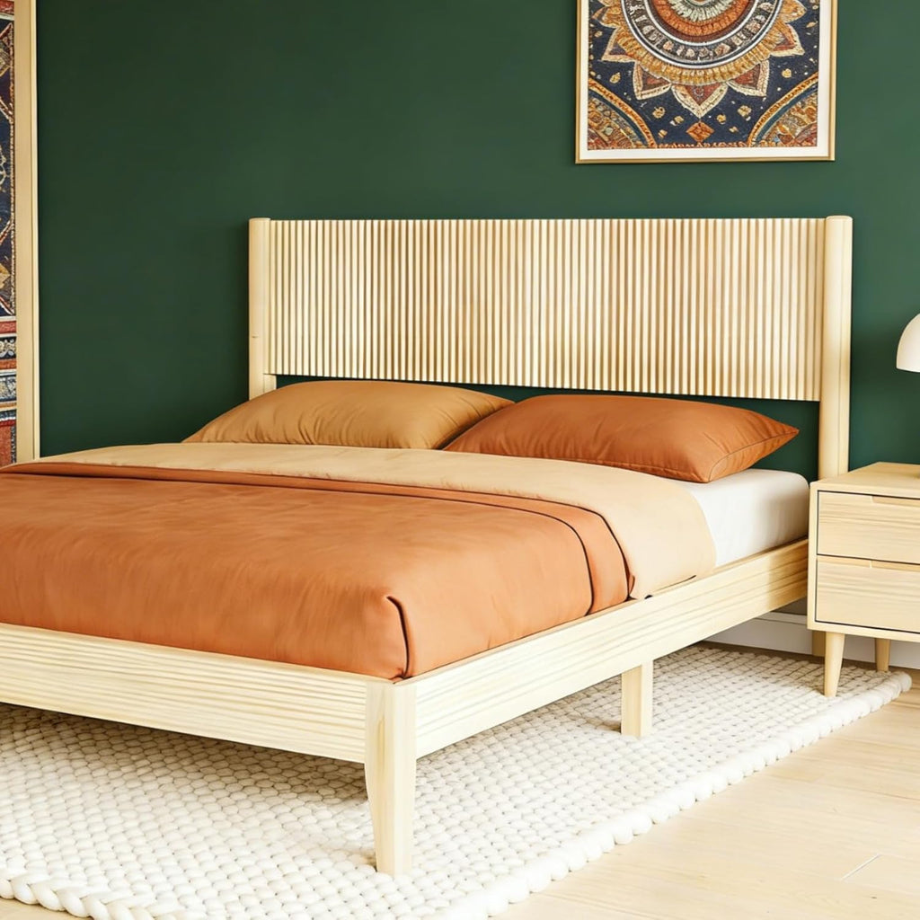 King Bed Frame with Fluted Headboard, Solid Wood Platform Bed with Slat Support,Boho Bedroom Furniture,Natural Wood