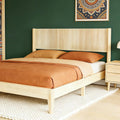 King Bed Frame with Fluted Headboard, Solid Wood Platform Bed with Slat Support,Boho Bedroom Furniture,Natural Wood