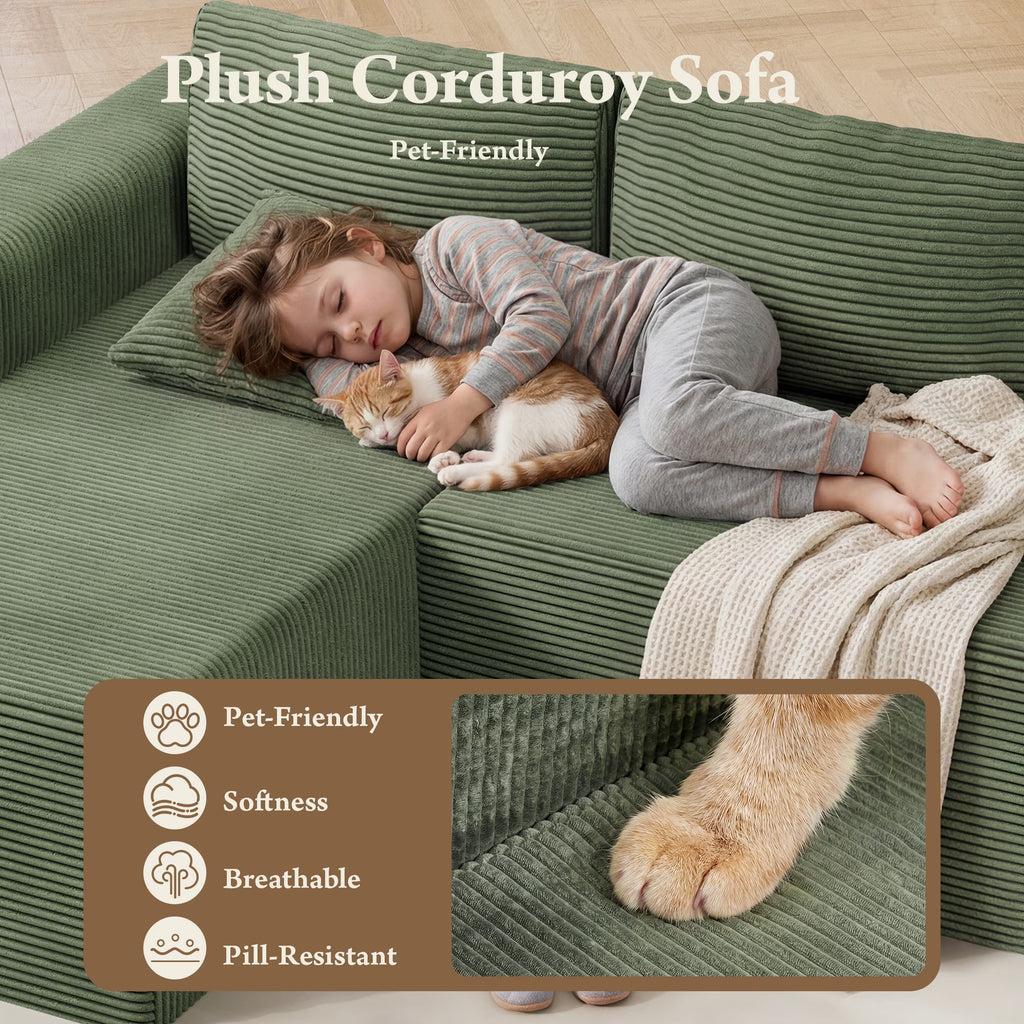 Modular Sectional Sofa Couches L-Shape Couch 3 Seat Modular Sofa Memory Foam Sectional Couches for Living Room, Cloud Couch with Oversized Chaise (Green Stripe, 94.5" Left Facing Chaise)