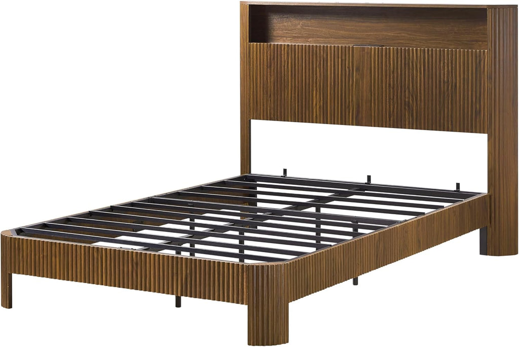 Full XL Bed Frame with Storage Headboard and Charging Station, Wavy Curved Design, Noise-Canceling, Metal Support, Walnut Finish, Full Extra Long Mattress Compatible, Walnut