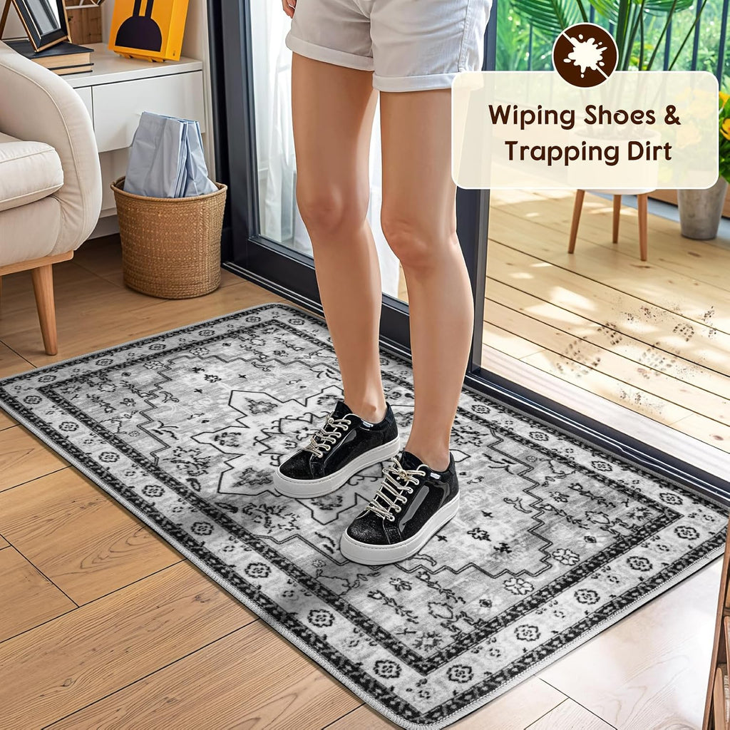 Machine Washable Rug Soft Pet Friendly Carpet 2X3 Gray | Persian Rug 2X3 for Entryway, Kitchen, Bathroom Non Slip Carpet, Foldable Stain Resistant Rugs