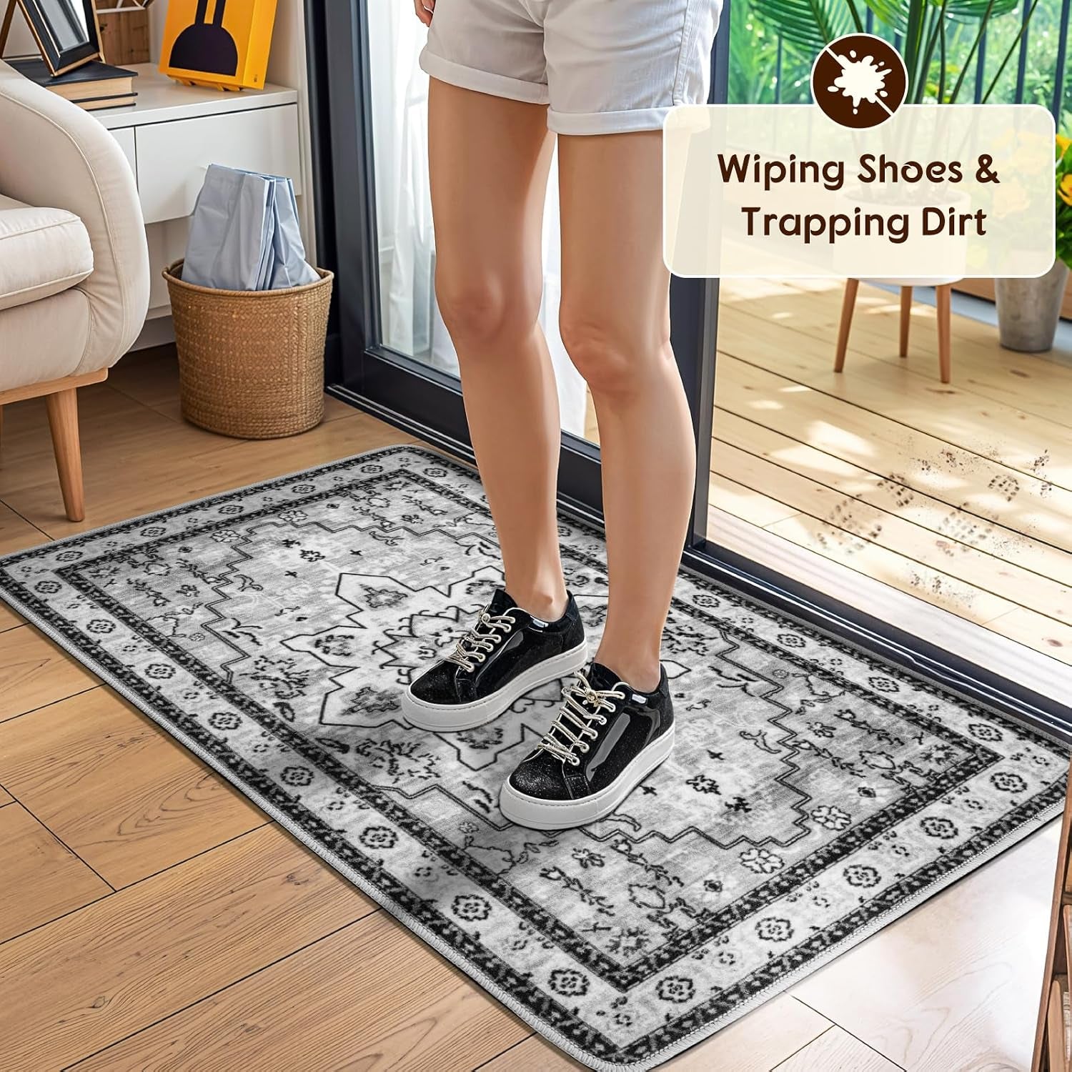 Machine Washable Rug Soft Pet Friendly Carpet 2X3 Gray | Persian Rug 2X3 for Entryway, Kitchen, Bathroom Non Slip Carpet, Foldable Stain Resistant Rugs