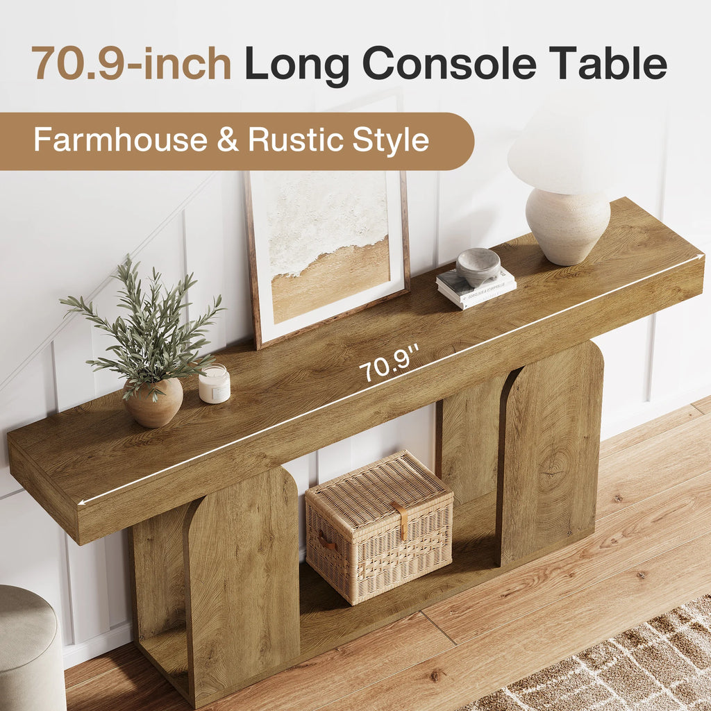 Farmhouse Wood Console Table, 70.9-Inch Entryway Accent Table with U-Shaped Base, 2-Tier Extra Long Sofa Tables for Entrance, Hallway, Living Room (Light Brown)