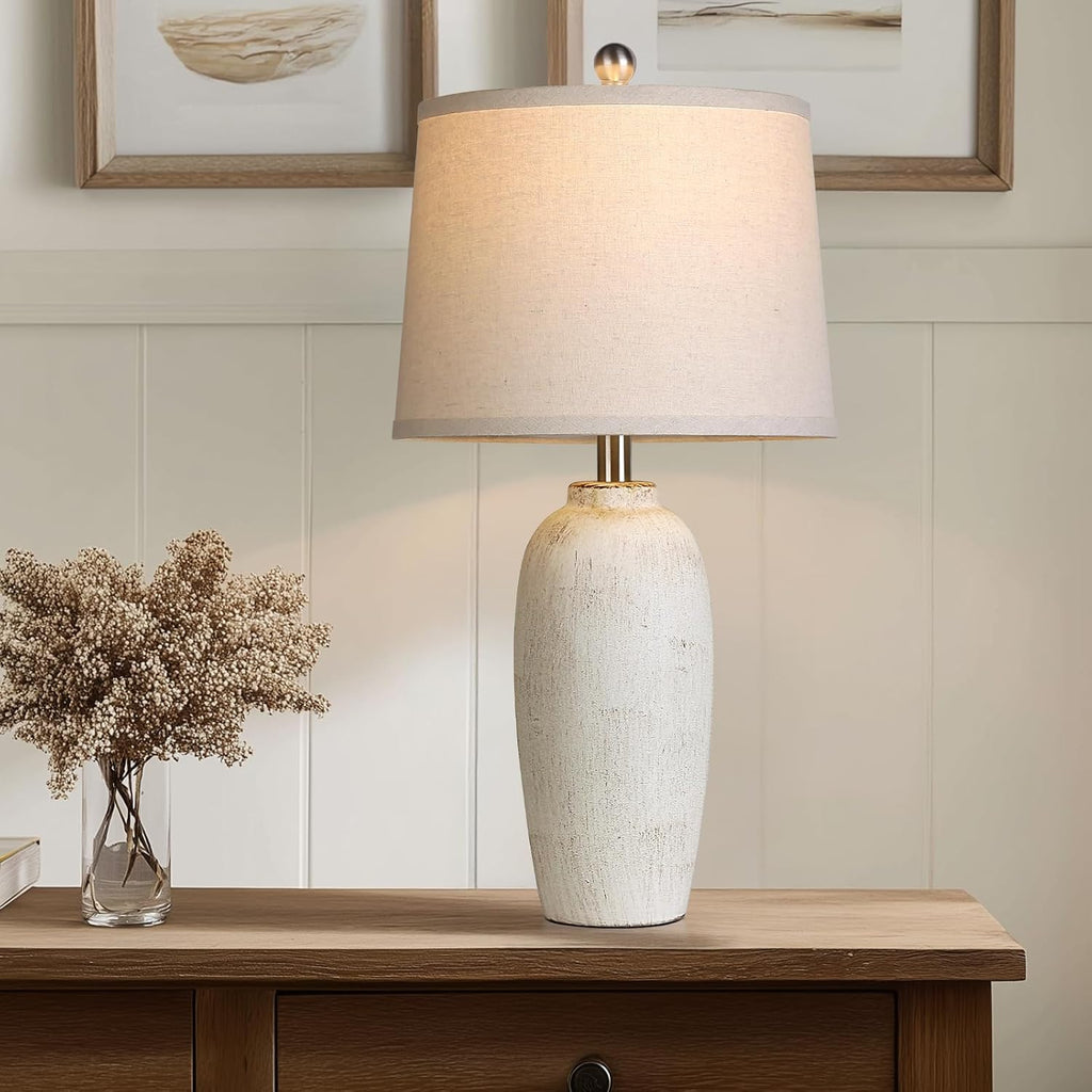 Jar Table Lamps Set of 2, 25" Ceramic Bedside Lamps for Bedroom, Beige Farmhouse Nightstand Lamps for Living Room