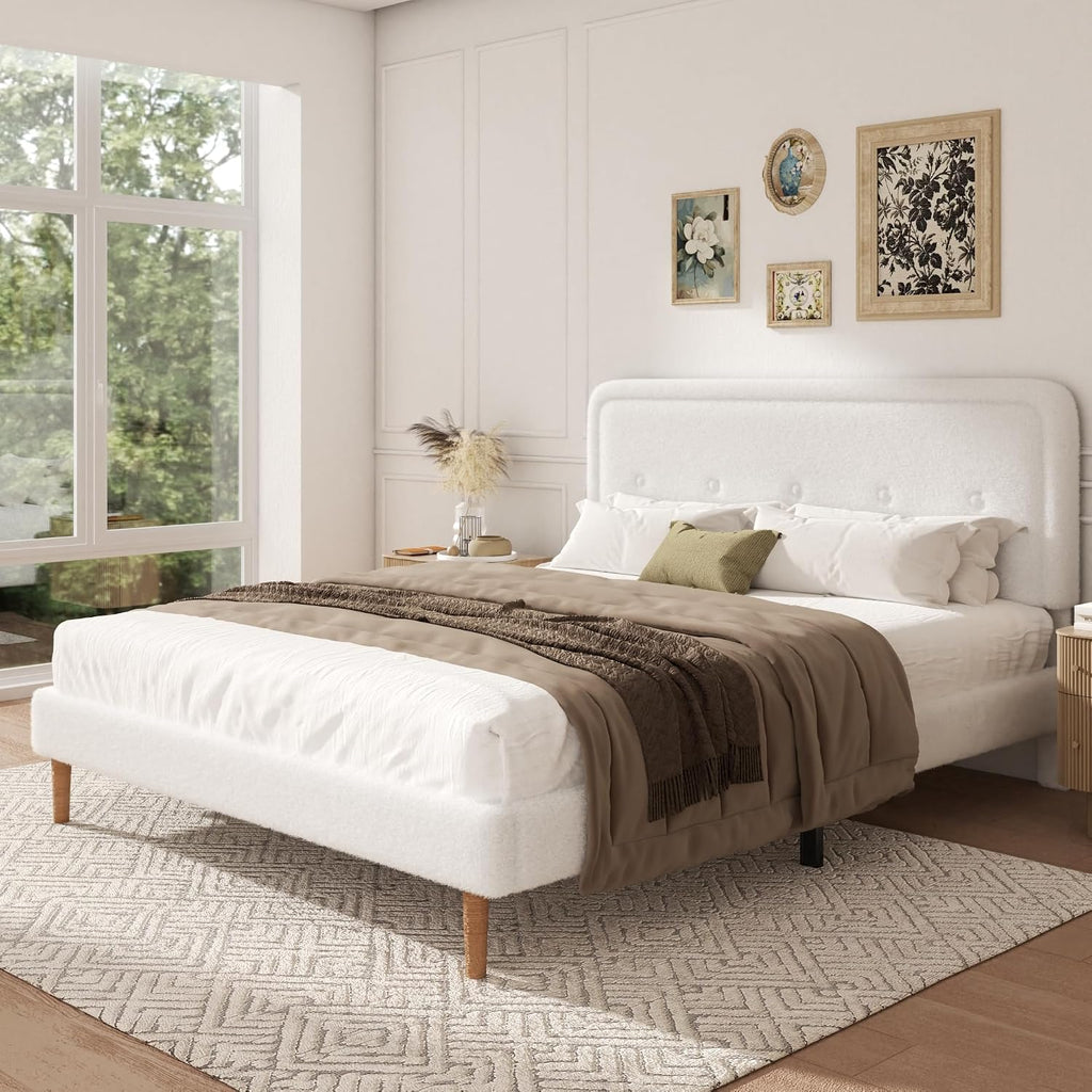 King Size Boucle Bed Frame with Adjustable Headboard, Cloud Boucle Upholstered Platform Bed Frame, Rounded Corners Design & Easy Assembly, Box Spring Optional, Noise Free, White