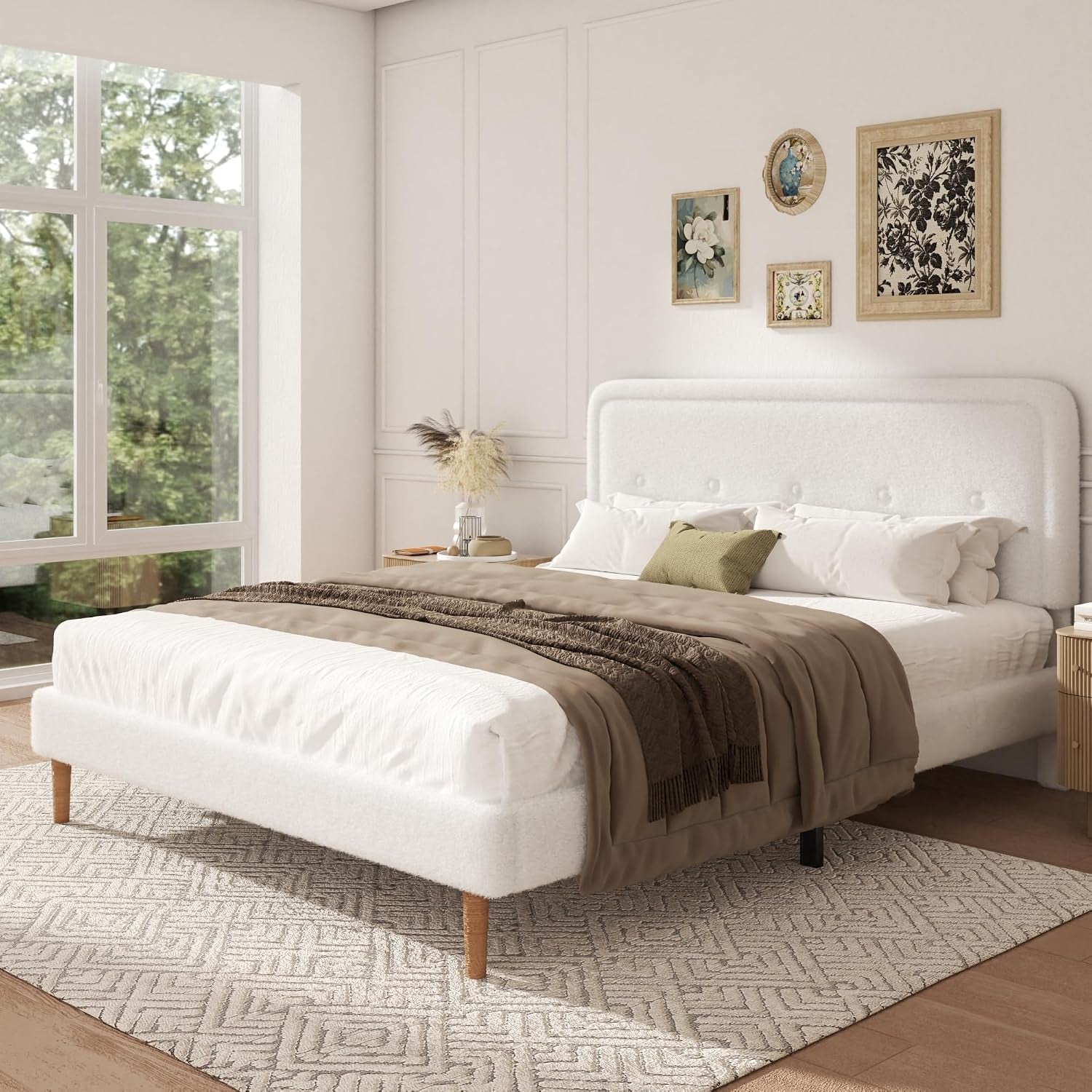 King Size Boucle Bed Frame with Adjustable Headboard, Cloud Boucle Upholstered Platform Bed Frame, Rounded Corners Design & Easy Assembly, Box Spring Optional, Noise Free, White