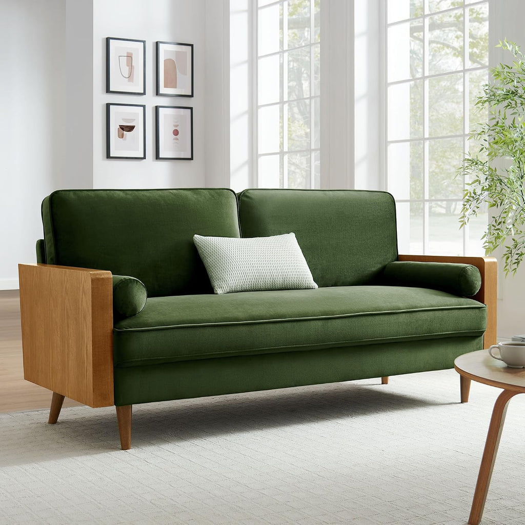 Kellan 72 Inch Velvet Sofa in Walnut Moss Green
