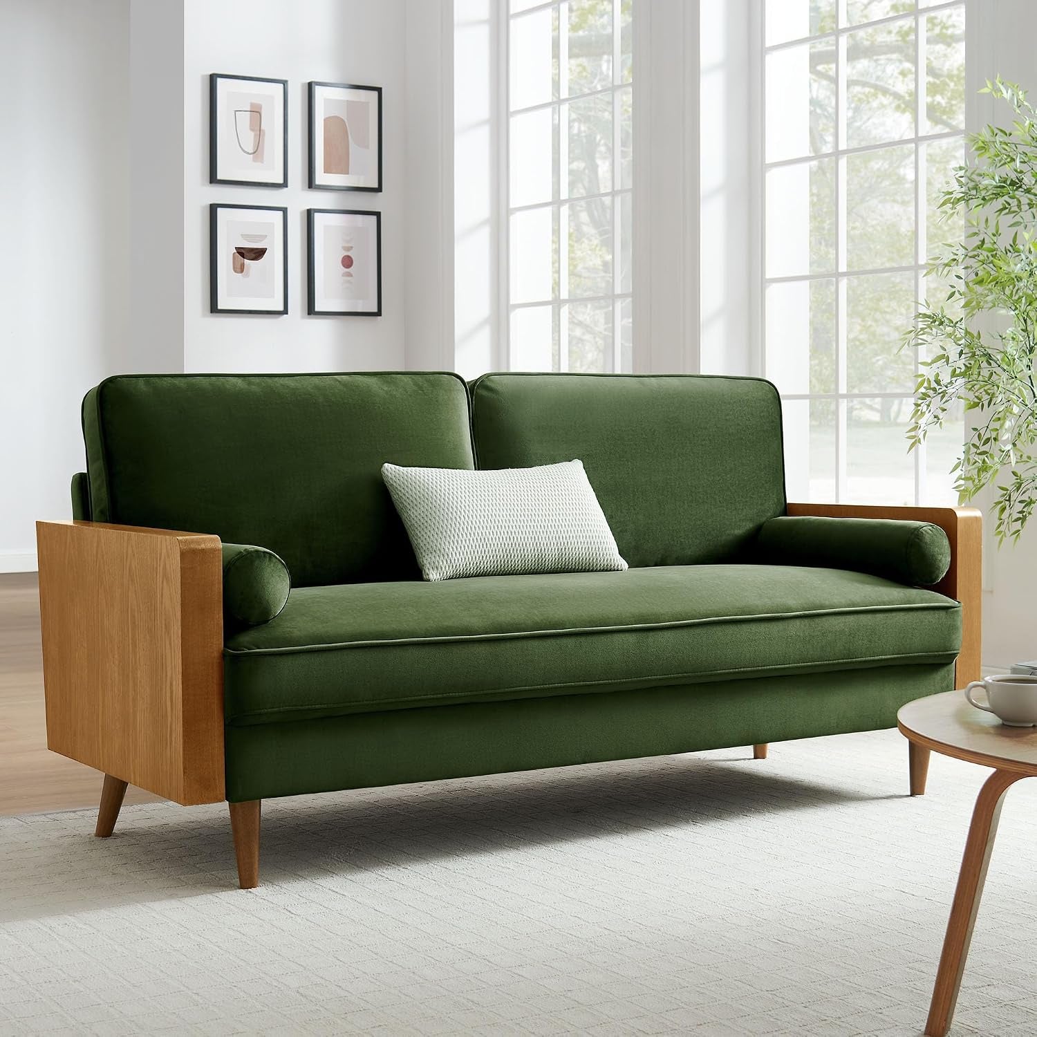 Kellan 72 Inch Velvet Sofa in Walnut Moss Green