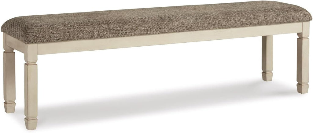 Signature Design by Ashley Bolanburg 65" Farmhouse Upholstered Dining Bench | Plush Foam Cushion for Cozy Seating, Antiqued White Wood, Veneer and Engineered Wood Base, Space-Saving Backless Profile