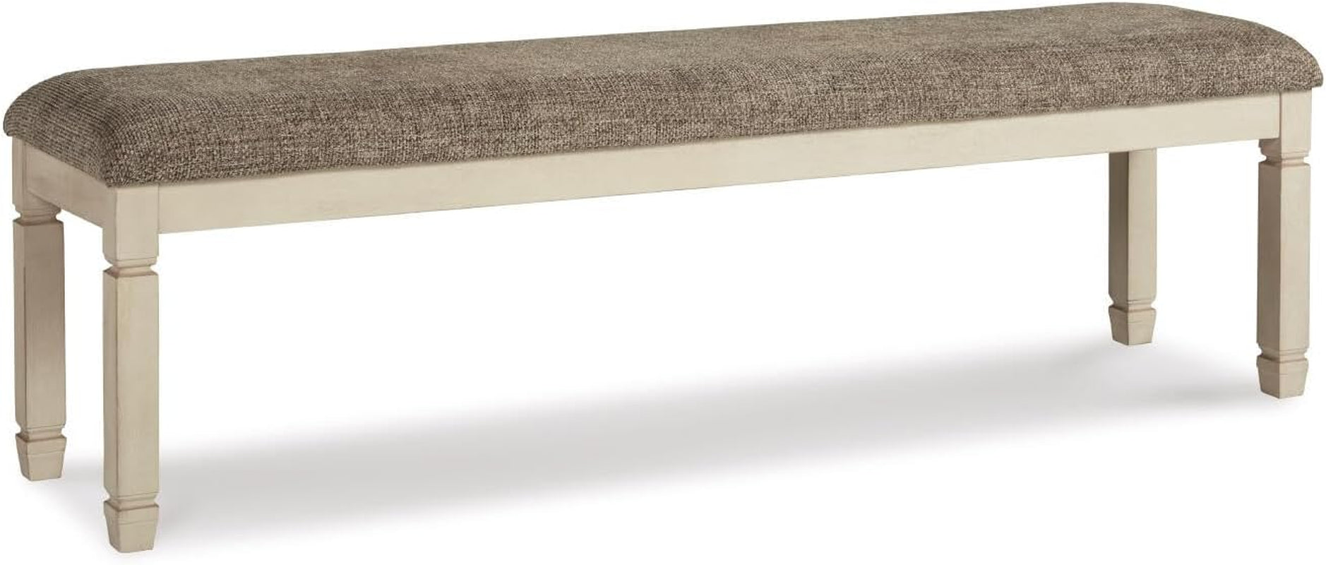Signature Design by Ashley Bolanburg 65" Farmhouse Upholstered Dining Bench | Plush Foam Cushion for Cozy Seating, Antiqued White Wood, Veneer and Engineered Wood Base, Space-Saving Backless Profile