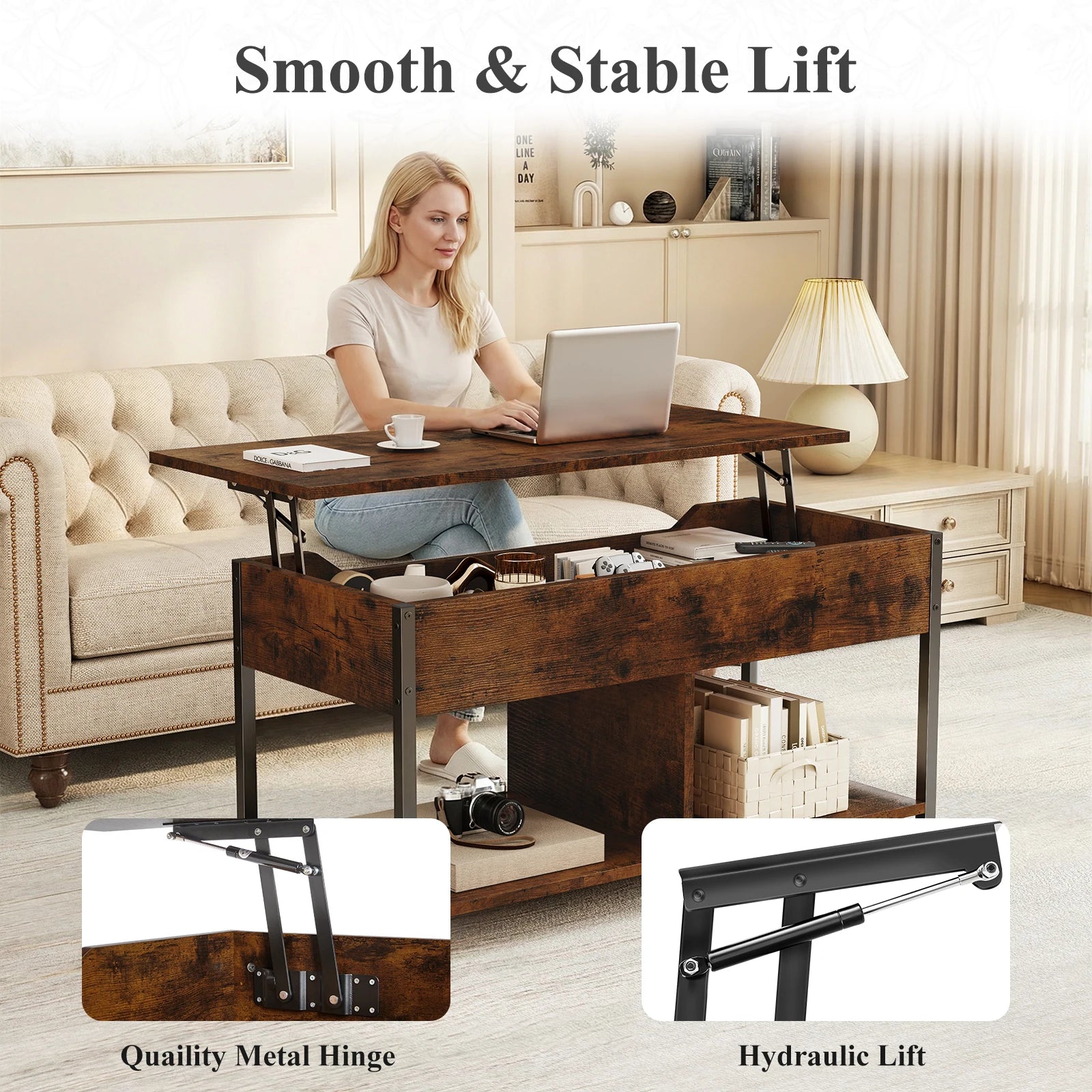 39IN Lift Top Coffee Table with Storage for Living Room Wood Adjustable 2 Shelves Easy Lift or Lower for Tea Dining Tables