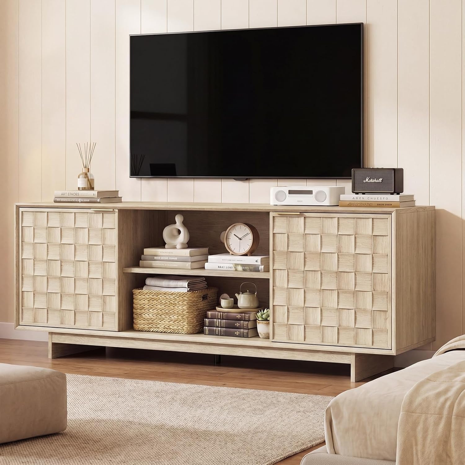Sunwashed Oak TV Stand for 65 Inch TV, Modern Japandi Entertainment Center with 45° Slim Frame, 59" Scandinavian TV Console Table with Embossed Doors, Media Storage Cabinet, Light Wood Color