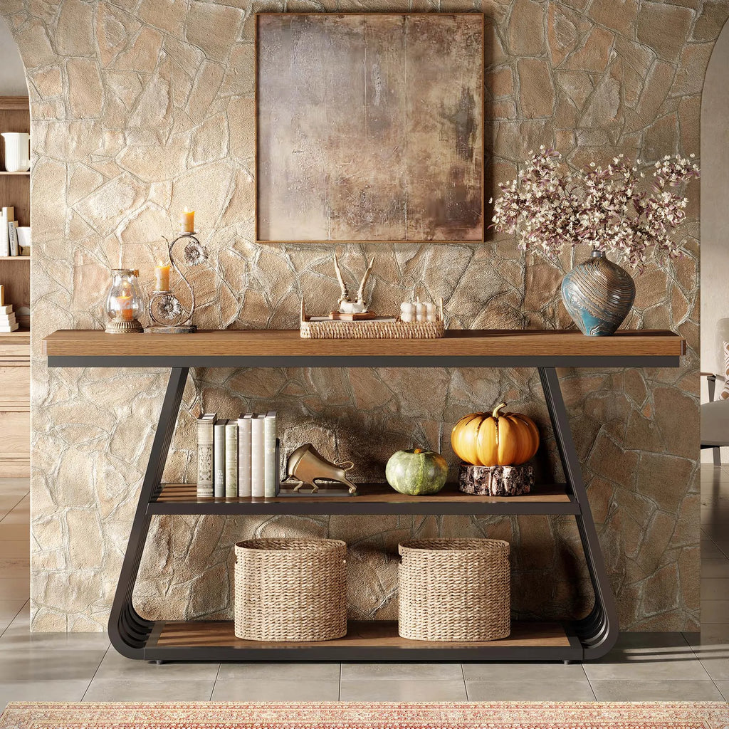 55" Entryway Table with Shelves, 3-Tier Console Table Sofa Table with Iron Frame, Wooden Entry Table for Living Room, Foyer, Hallway, Industrial Style