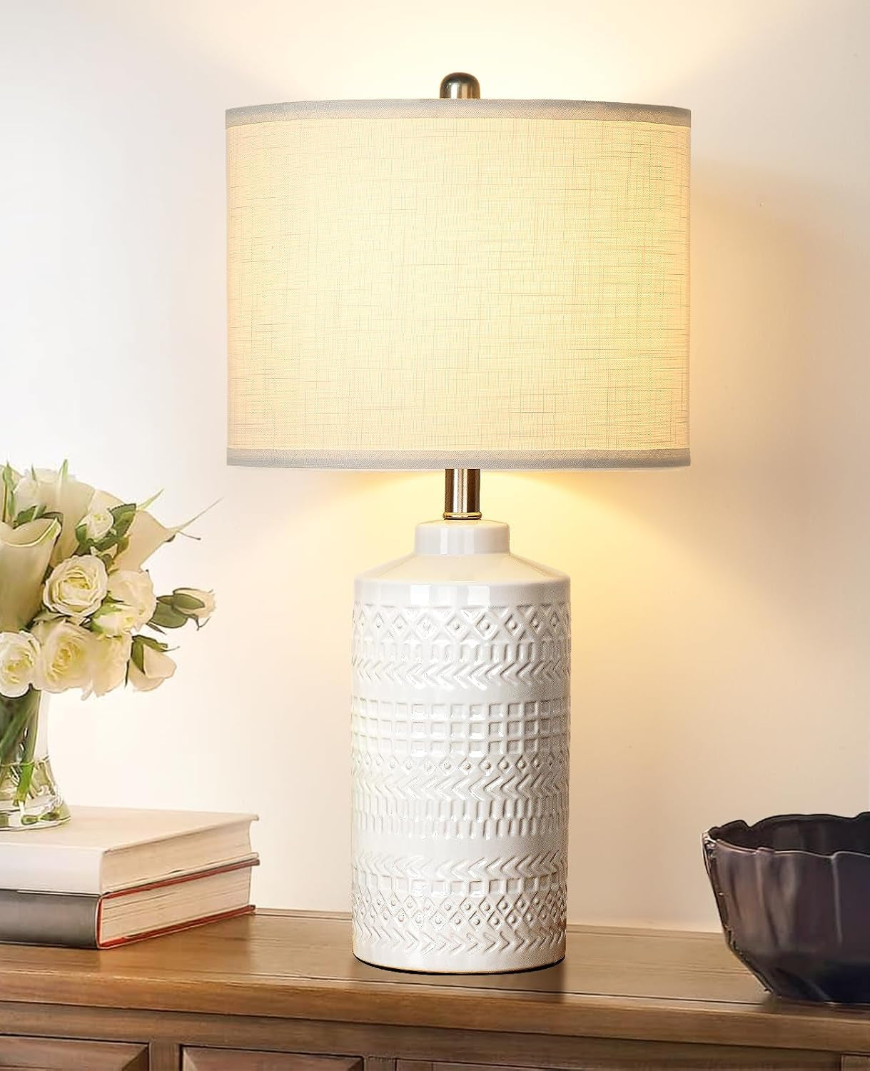24.5" White Ceramic Table Lamp 3-Way Dimmable Nightstand with White Linen Shade Bedside Lamp for Bedrooms & Living Room Office Reading(Bulb Included)