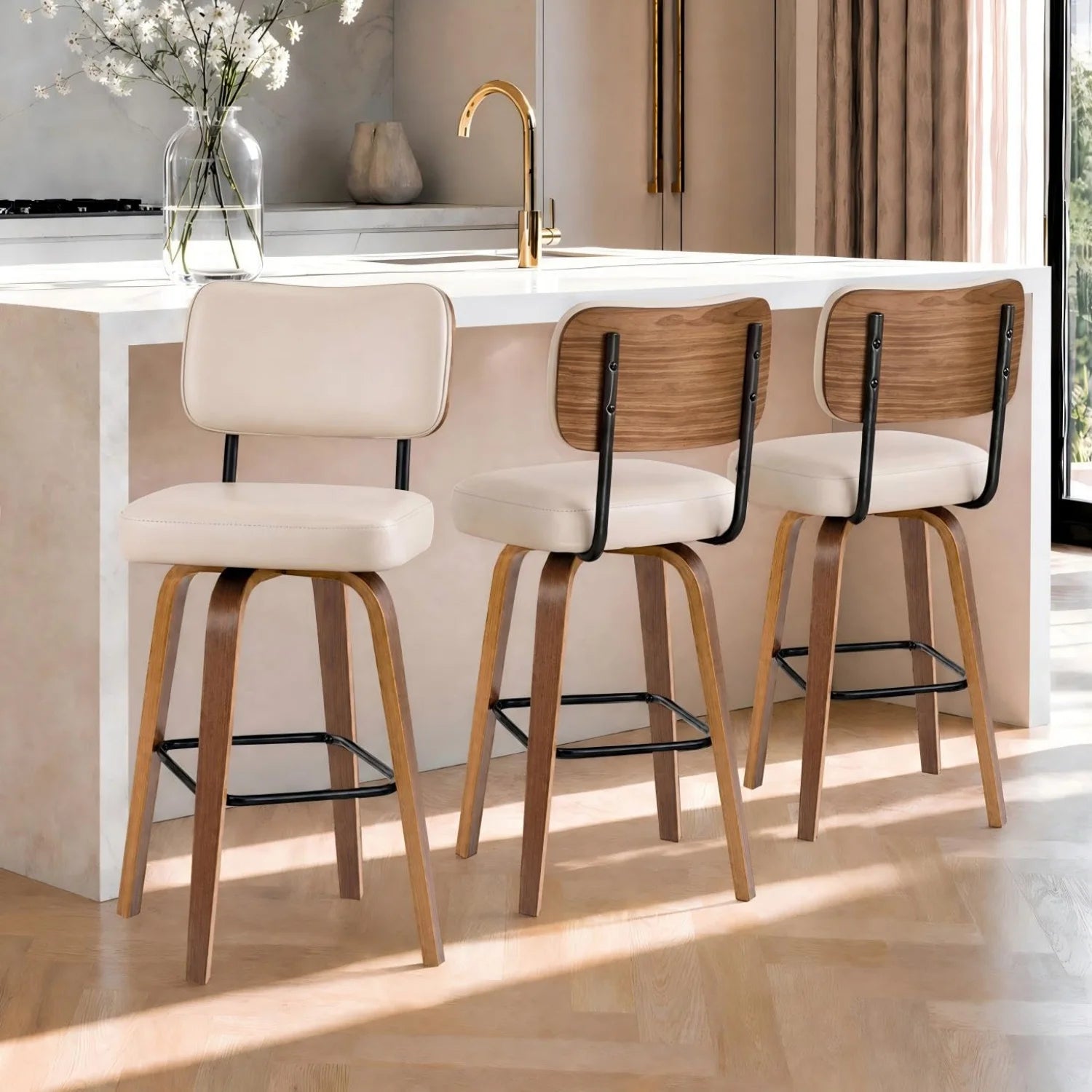 3 Pack Counter Height Bar Stools, Swivel Bar Stools with Back & Wood Legs,Faux Leather Upholstered Counter Stools for Kitchen Counter