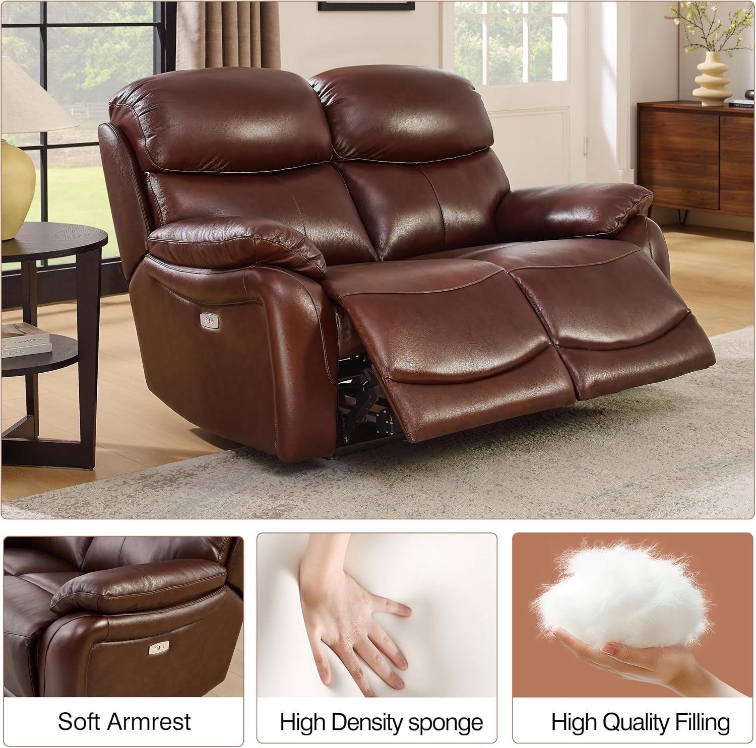 Brown Top Grain Leather Power Recliner Sofa Loveseat Set with USB Port. | Genuine Leather Reclining Sofa, Drop down Table, Ergonomic High Backrest, Cup Holders, Living Room Furniture Sets