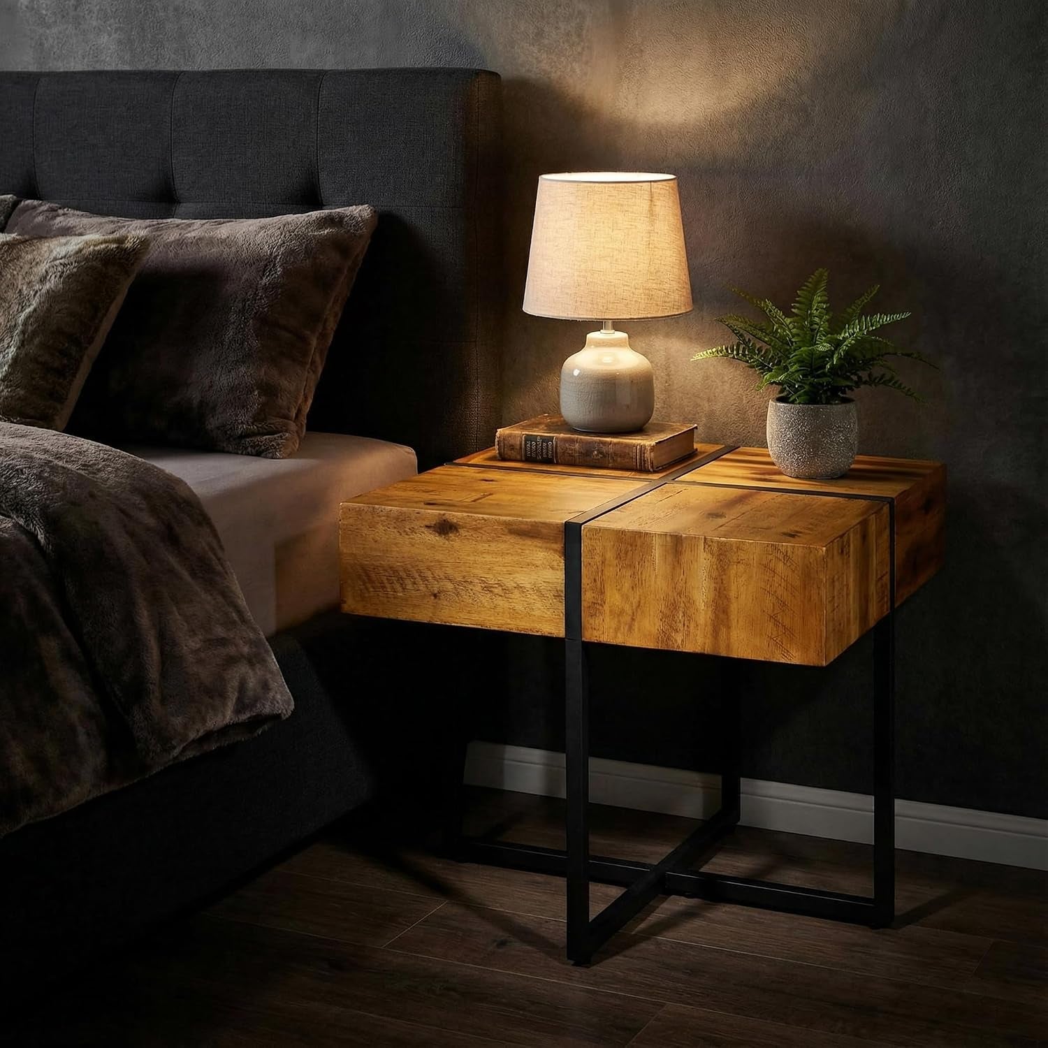 Landon End Table, Solid Wood with Black Metal Frame