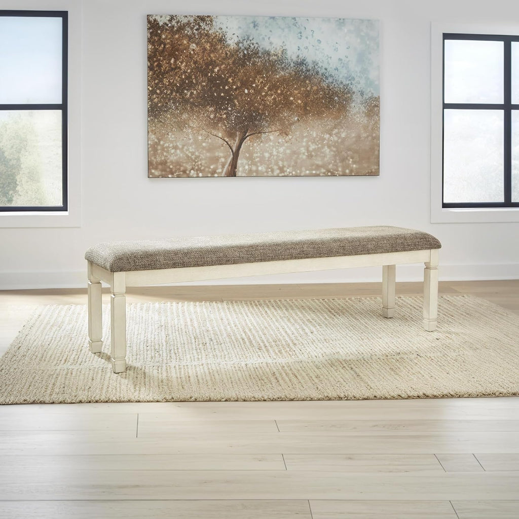 Signature Design by Ashley Bolanburg 65" Farmhouse Upholstered Dining Bench | Plush Foam Cushion for Cozy Seating, Antiqued White Wood, Veneer and Engineered Wood Base, Space-Saving Backless Profile