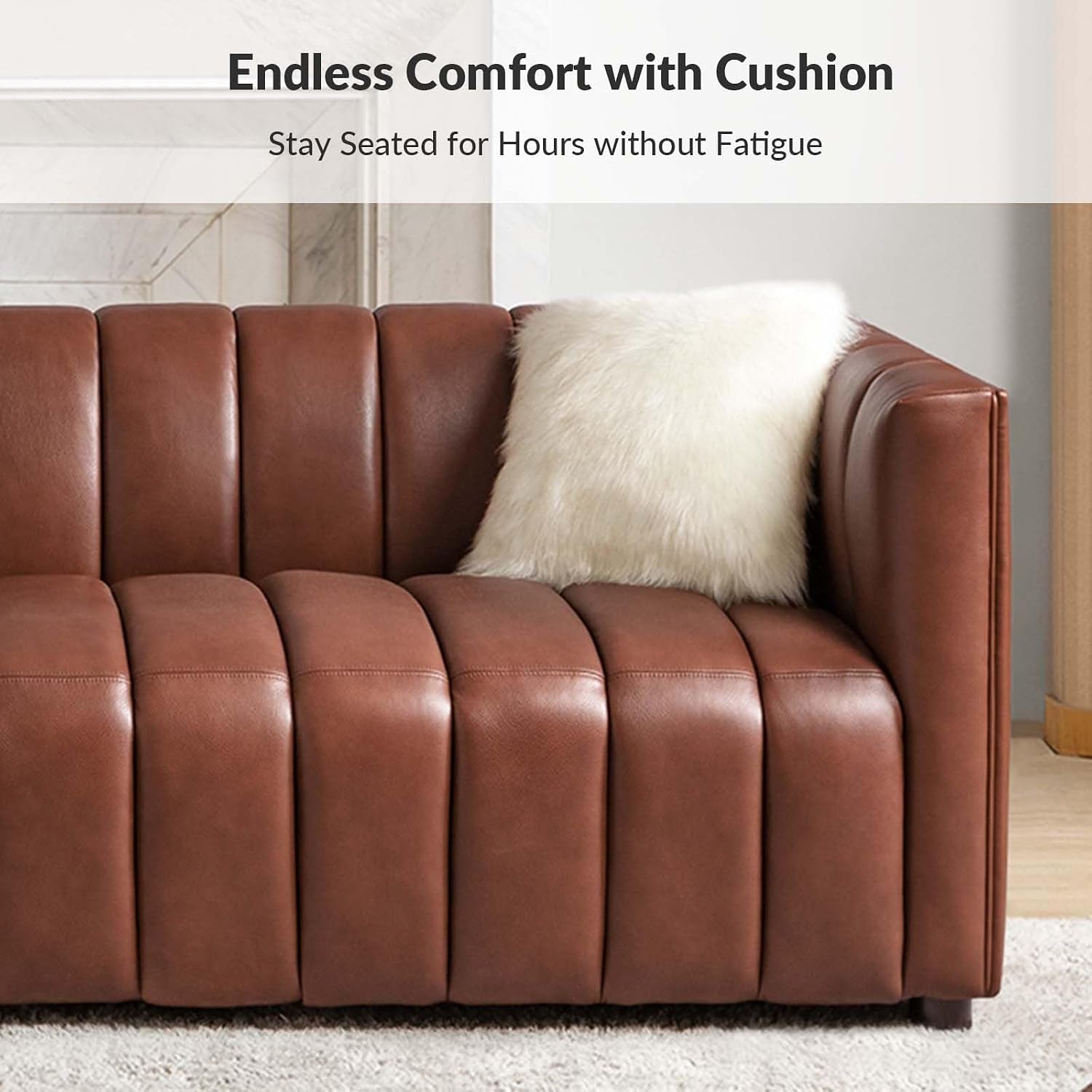 83" Genuine Leather Sofa with Channel Tufted Design, Brown | Modern 3-Seater Couch with Wood Legs, Supportive Seating, Easy Assembly, for Living Room Bedroom Apartment