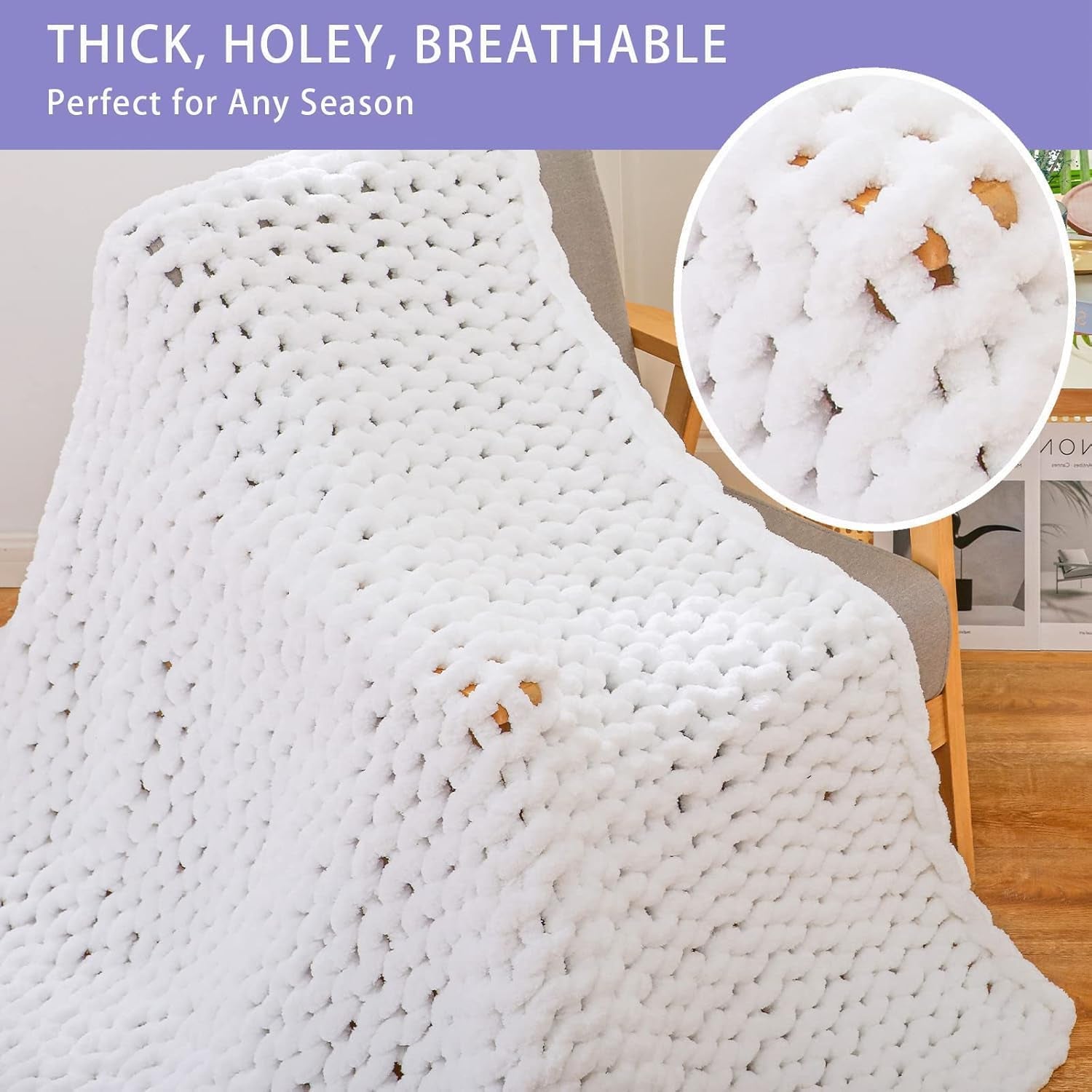 Chunky Knit Throw Blanket for Couch, 80X90 Inches, Pure White | Hand Knit with Jumbo Chenille, Soft Breathable Cable Knit for Sofa Bed Living Room, Machine Washable, Gift for Mom Friend
