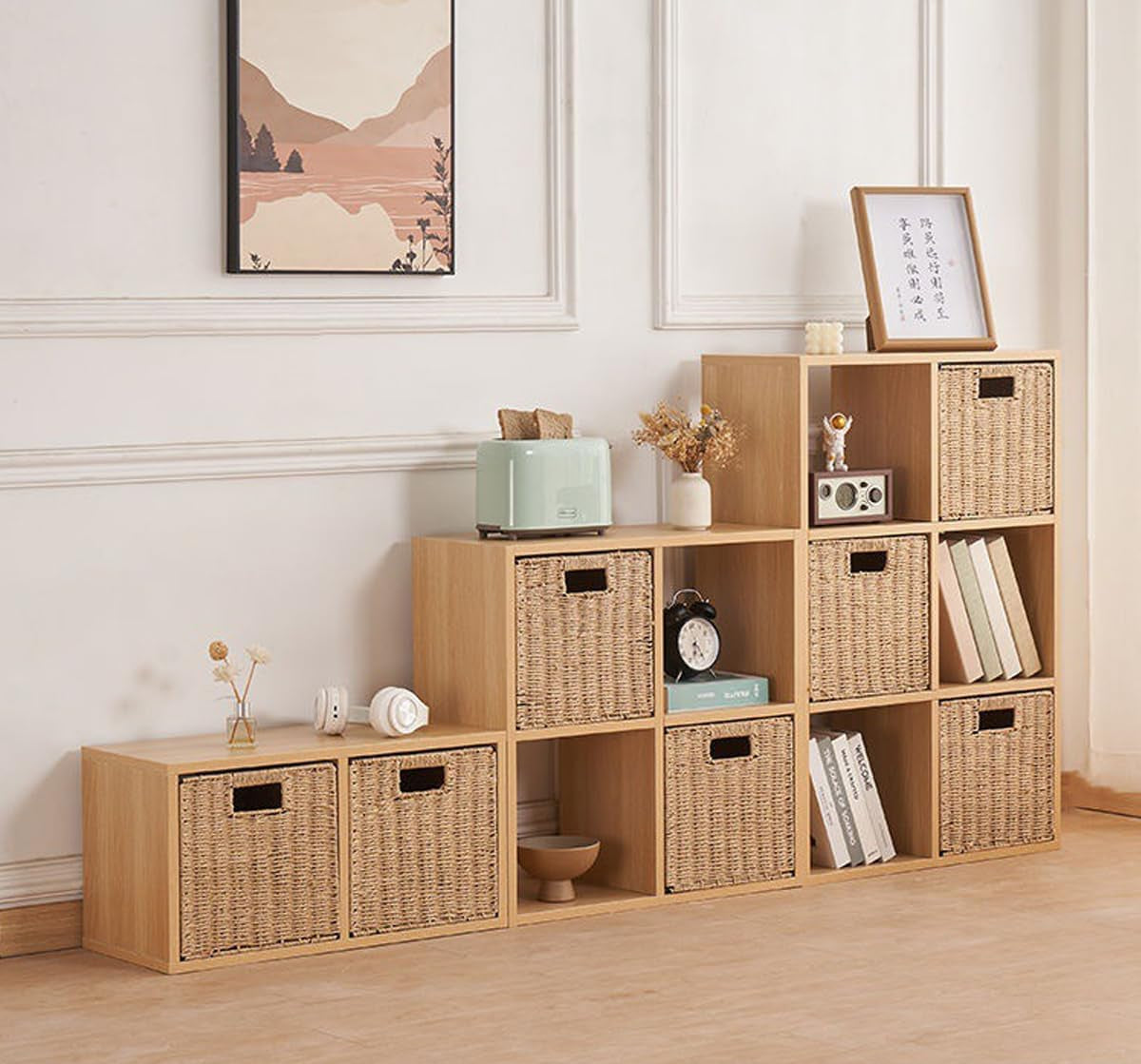 8.6 Inch Set of 2 Wicker Baskets, Woven Storage Baskets for Shelves with Handles, Foldable Cube Storage Basket Bins